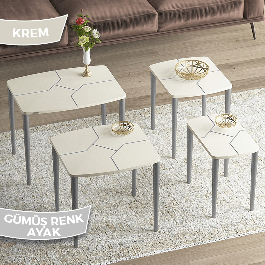 Argent Serisi Krem Renk MDF 4'lü Zigon Sehpa Takımı