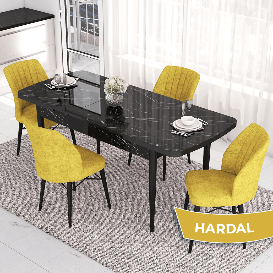 masa siyah/ sandalyeler hardal sarısı