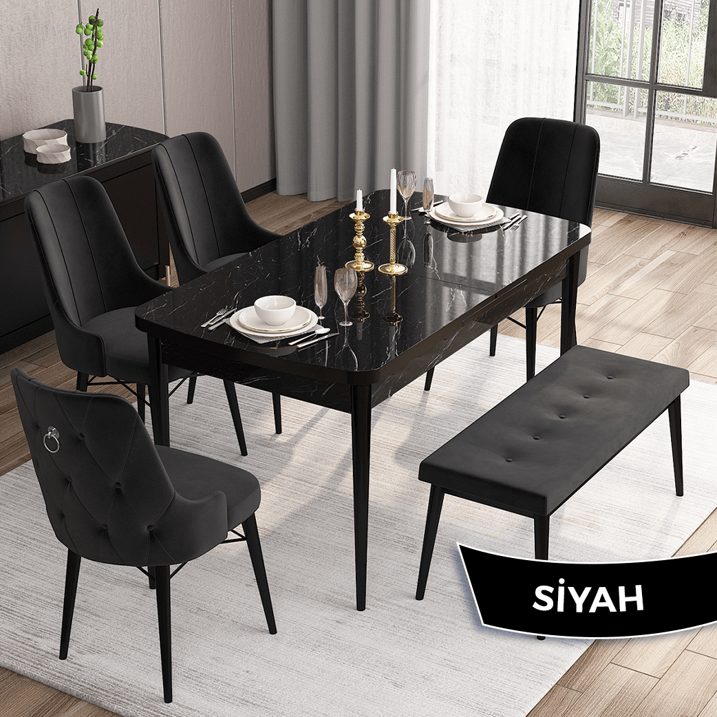 Siyah Sandalye Siyah Mermer Desen Masa