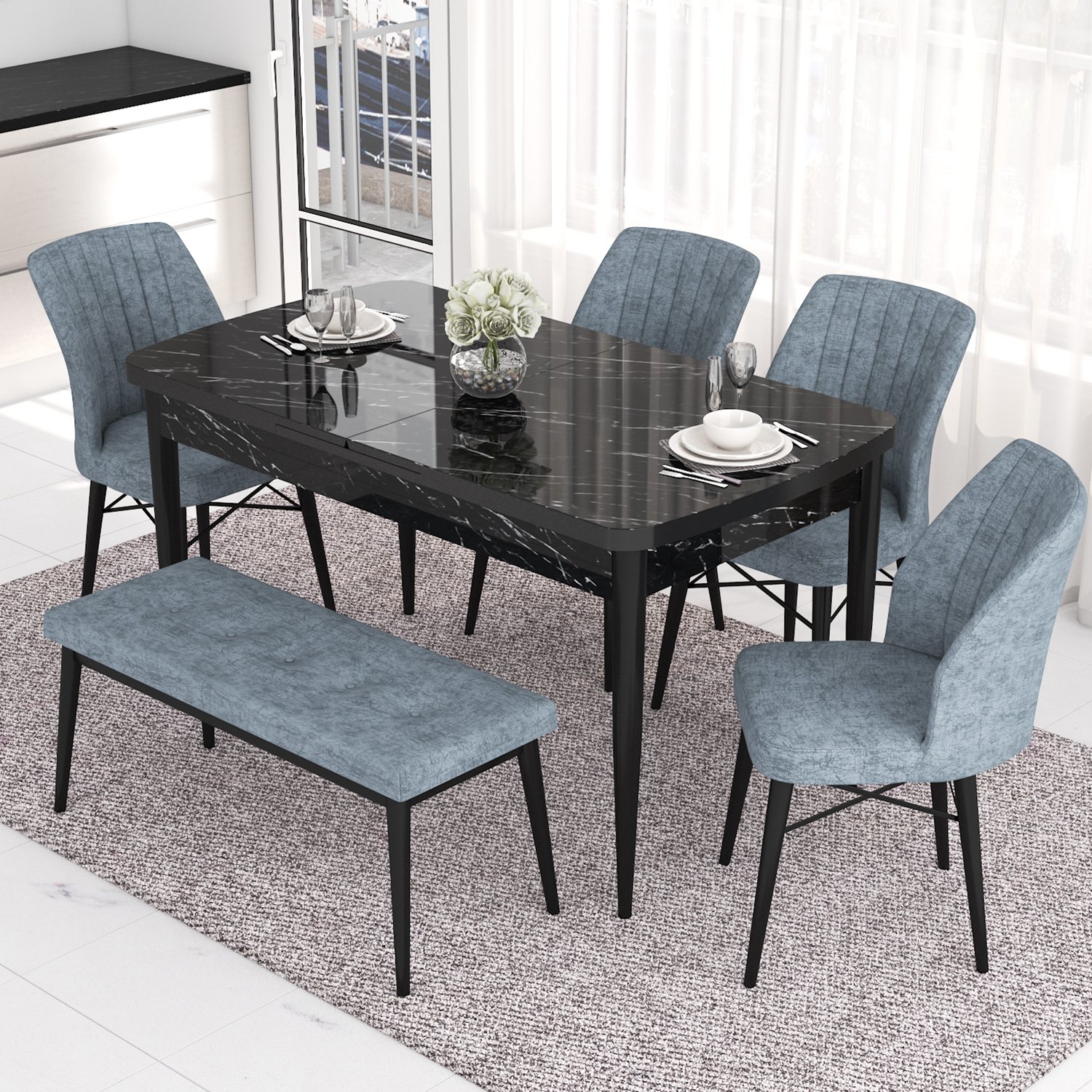 masa siyah mermer desen sandalyeler ve bench gri