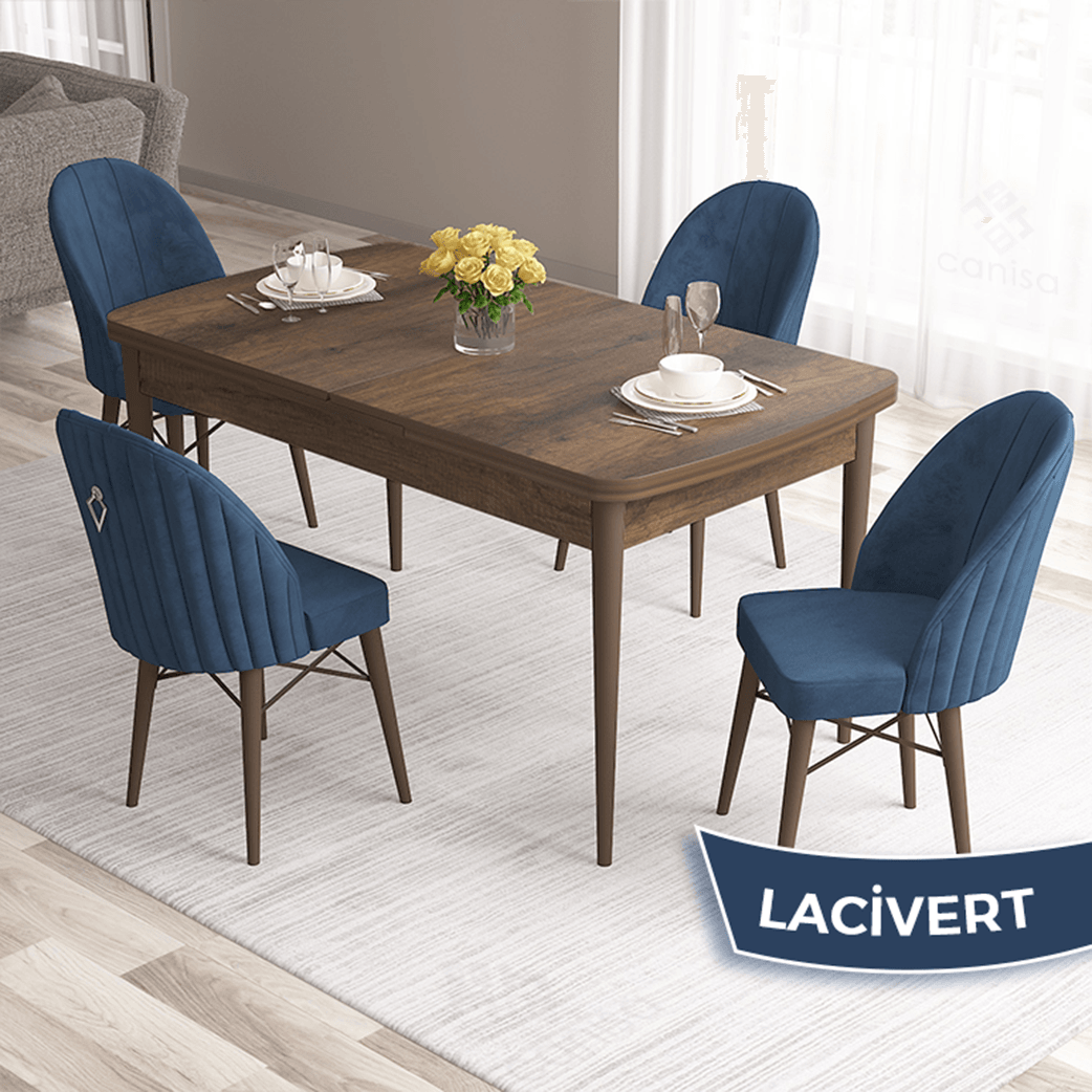 Roz Serisi 80x132 Mdf Açılabilir Gümüş Halka Barok Ahşap Desen Masa Takımı Ve 4 Sandalye