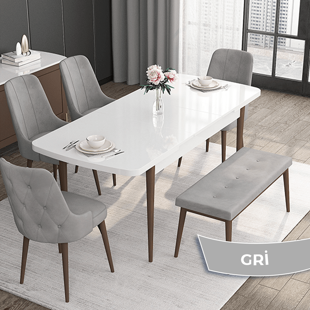 Roy Serisi 80x132 Mdf Açılabilir Beyaz Masa Ceviz Ayak Masa Takımı 4 Sandalye Ve 1 Bench