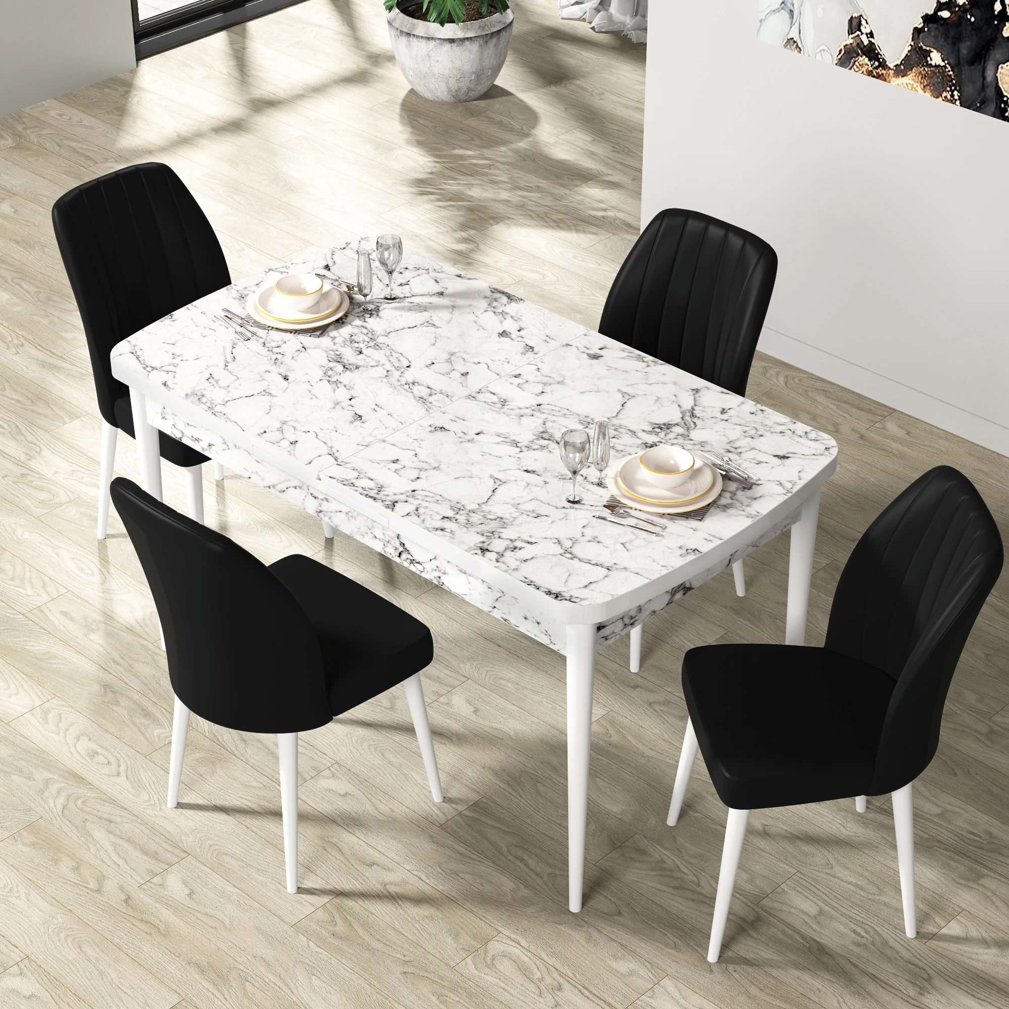 masa beyaz mermer sandalye siyah
