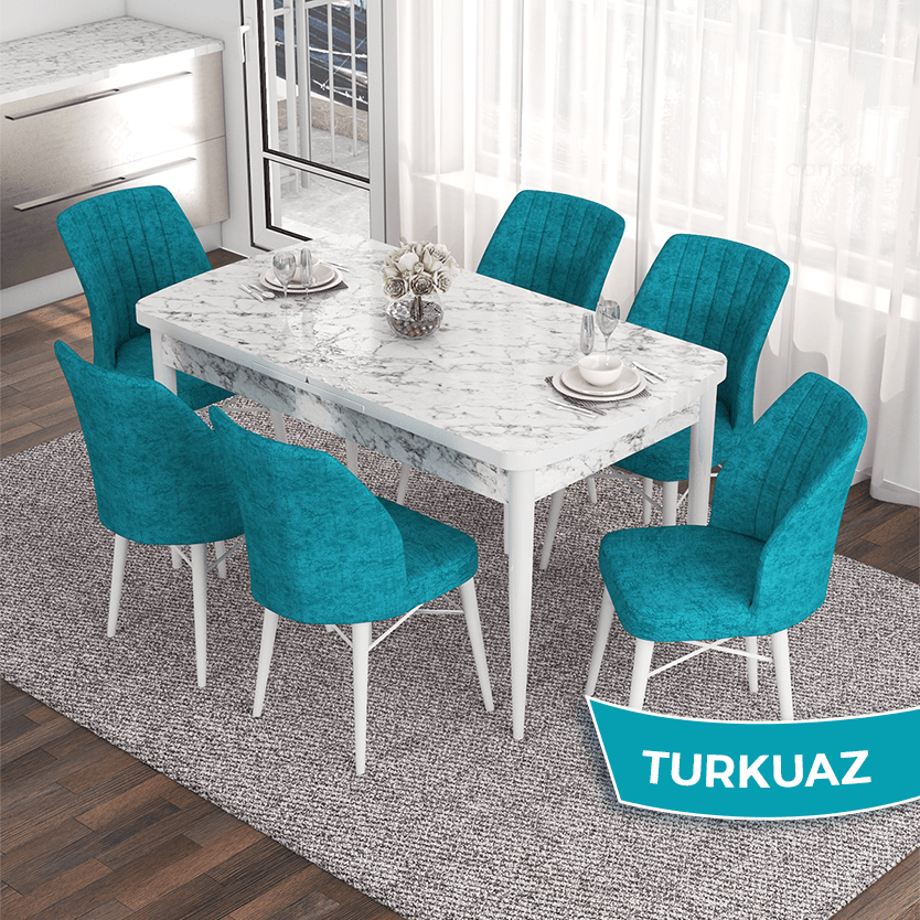 masa beyaz/sandalyeler turkuaz
