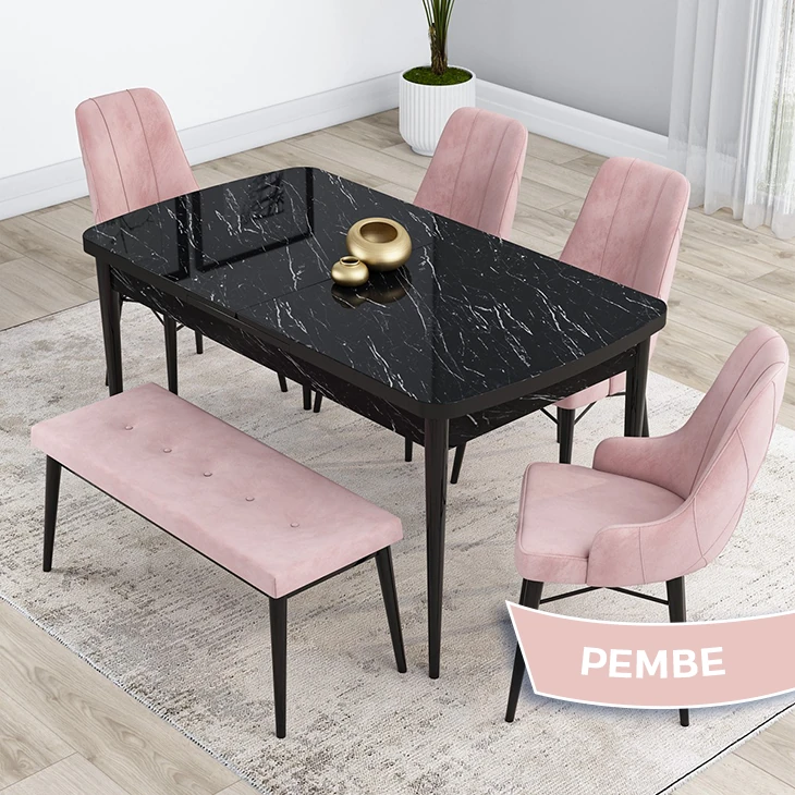 Pembe Sandalye Siyah Mermer Desen Masa