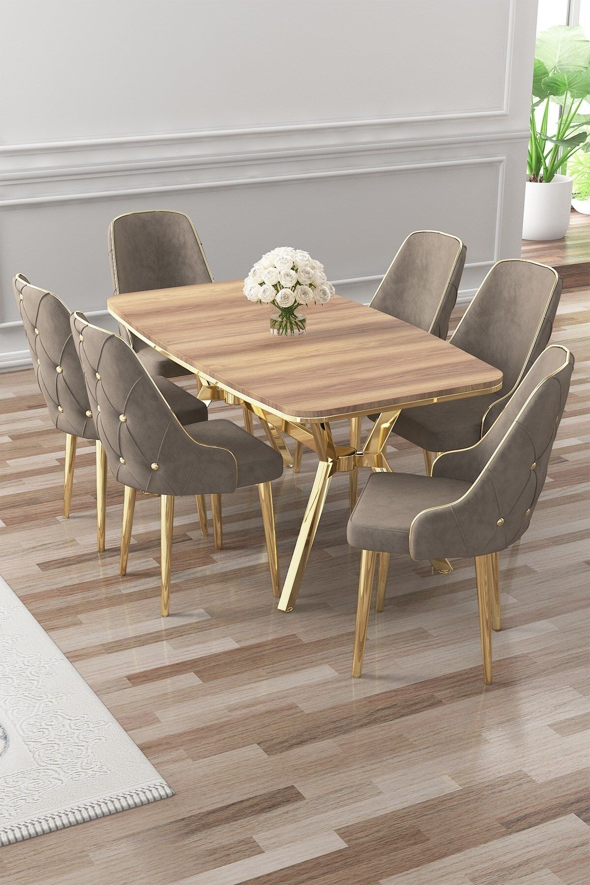 Asel Serisi 90x160 Lak Panel Hazar Masa ve 6 Sandalye Gold Kaplama Ayak