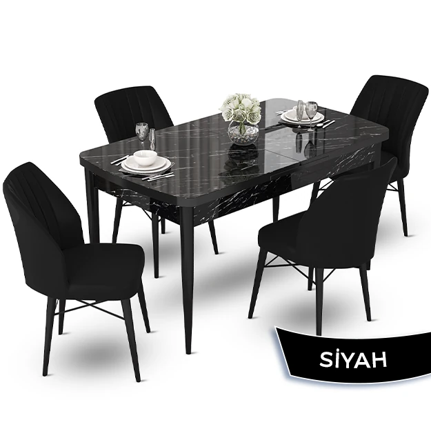 Siyah Mermer Desen Masa Siyah Sandalye
