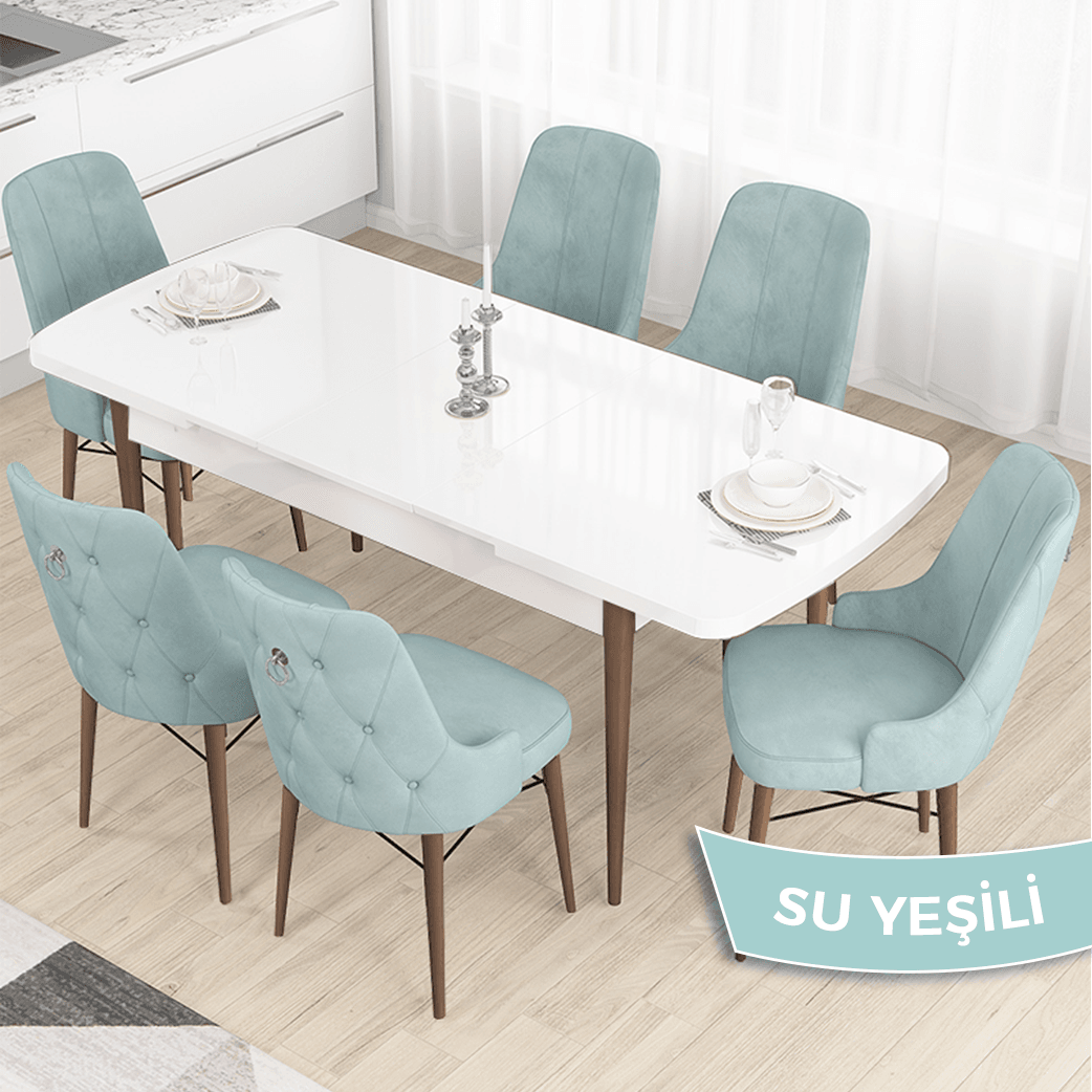 beyaz masa cevi̇z ayak su yeşi̇li̇ sandalye