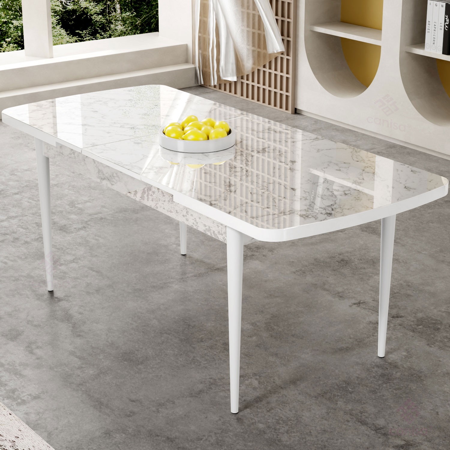 Gale Serisi 80x132 Açılabilir Lak Panel Beyaz Mermer Desen Mutfak Masa Takımı 4 Sandalye