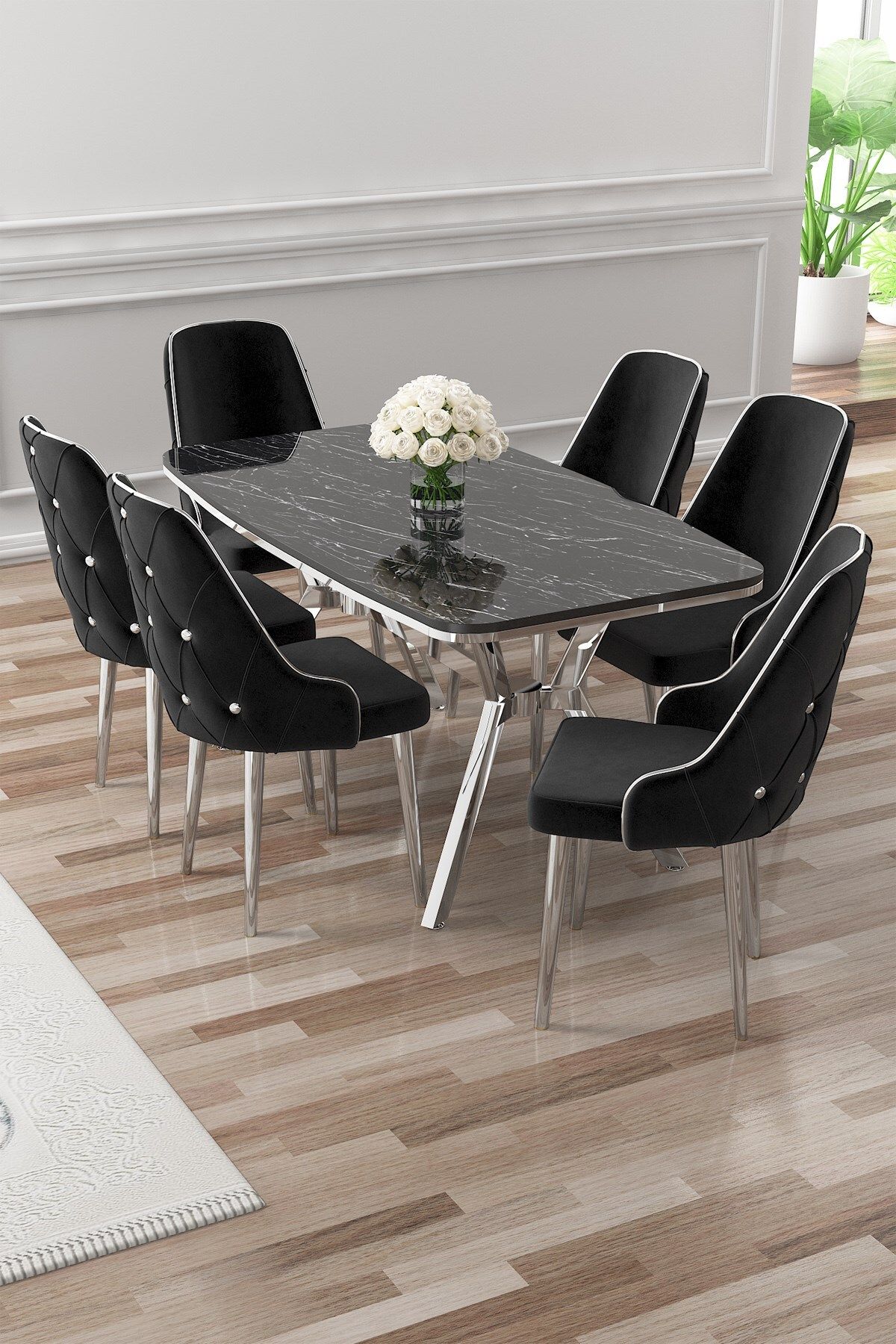 siyah mermer masa sandalye siyah krom detay