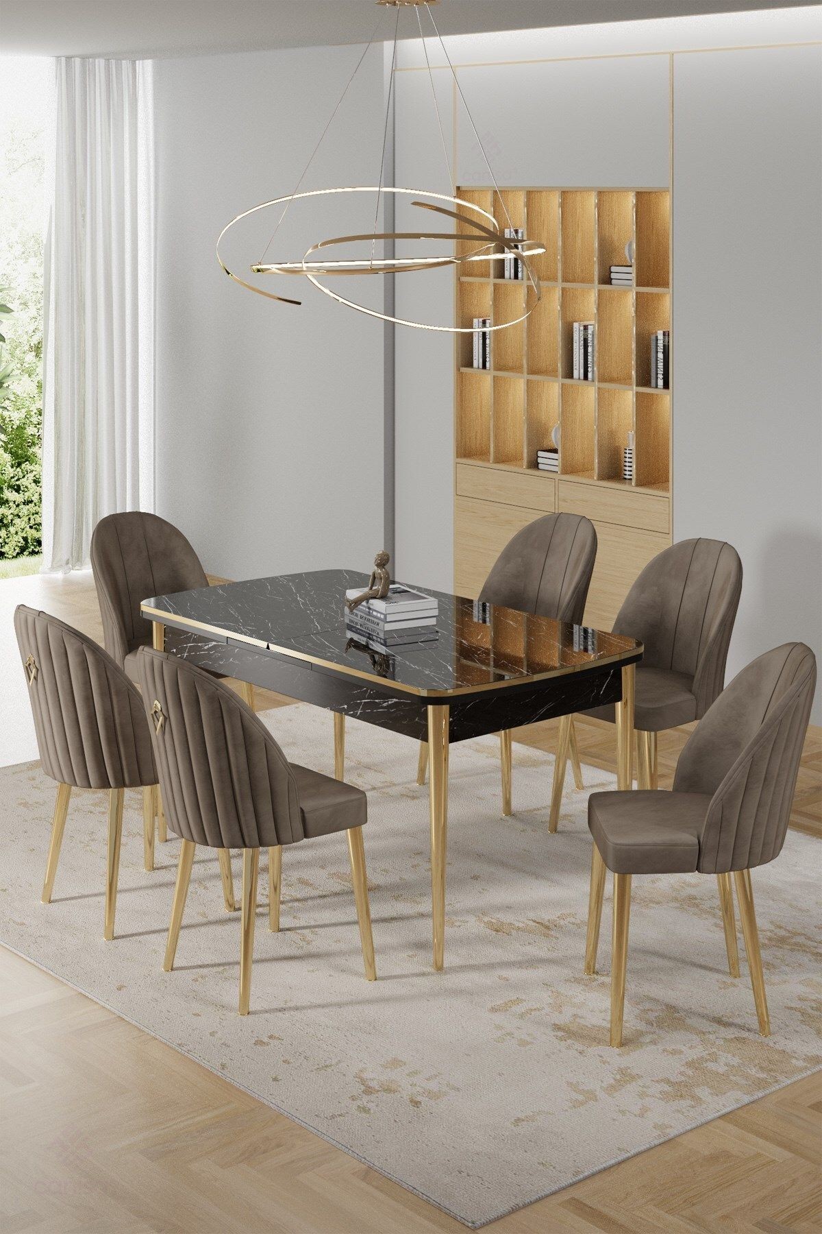 masa siyah mermer sandalye capppucino gold ayak