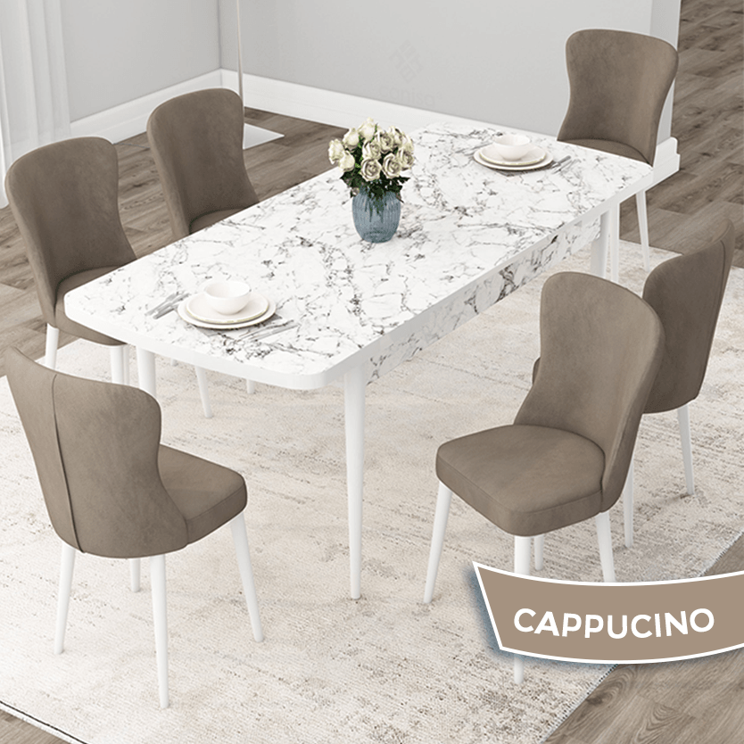 Due Serisi 80x132 Açılabilir Beyaz Mermer Desen Masa Takımı Ve 6 Sandalye