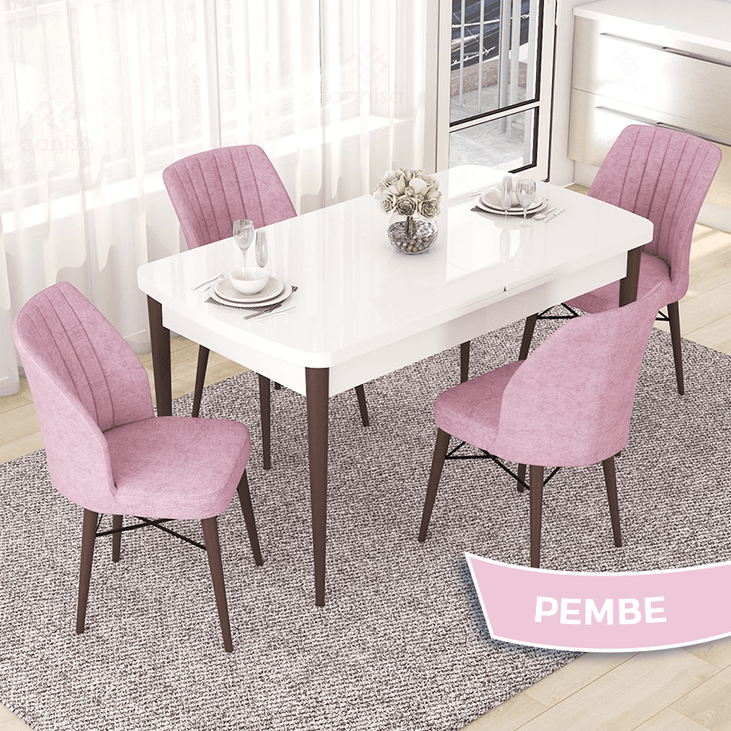 masa beyaz ayak ceviz sandalyeler pembe