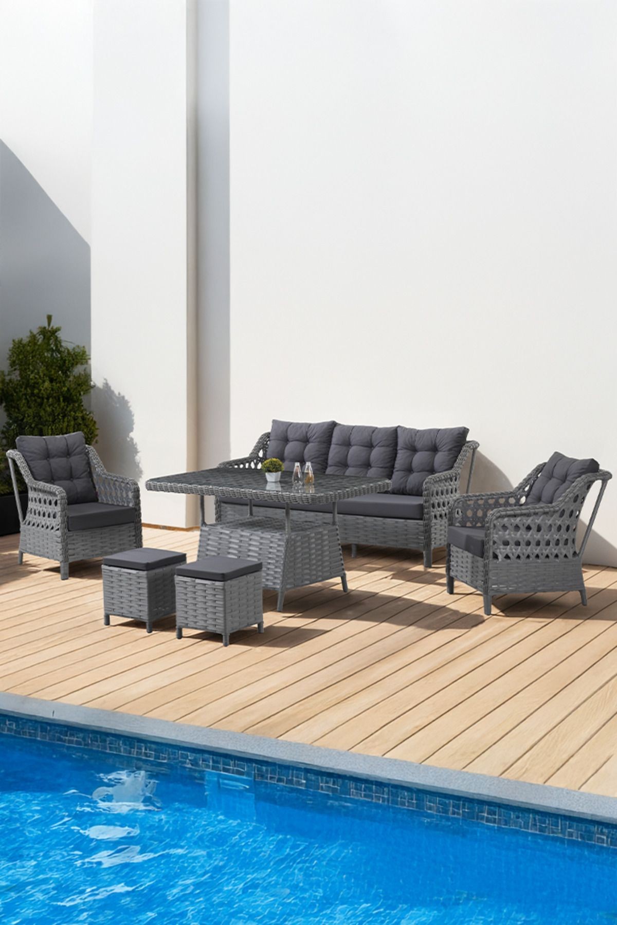 Akasya Serisi 1. Sınıf Antrasit Rattan Antrasit Minder Bahçe Takımı, Balkon Takımı