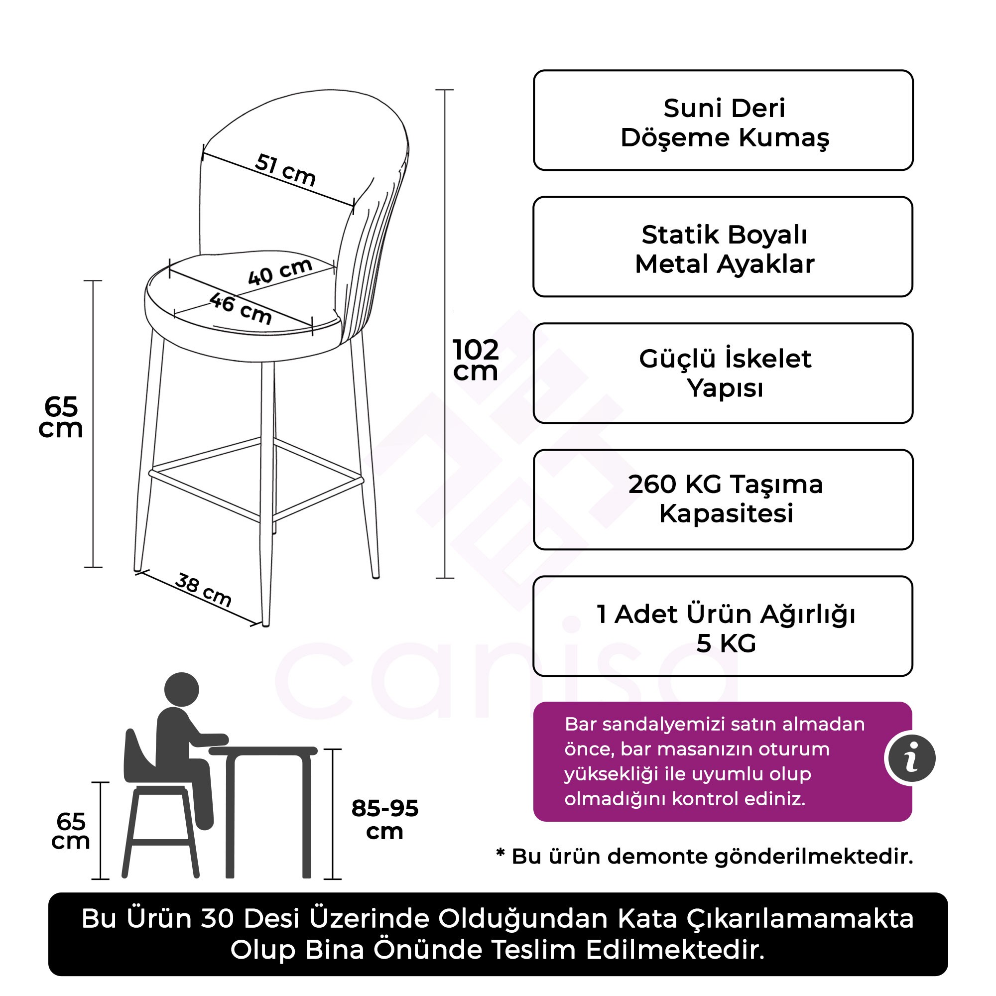 Rika Serisi 1 Adet Ada Bar Sandalyesi 65 cm Suni Deri Döşeme Siyah Ayak