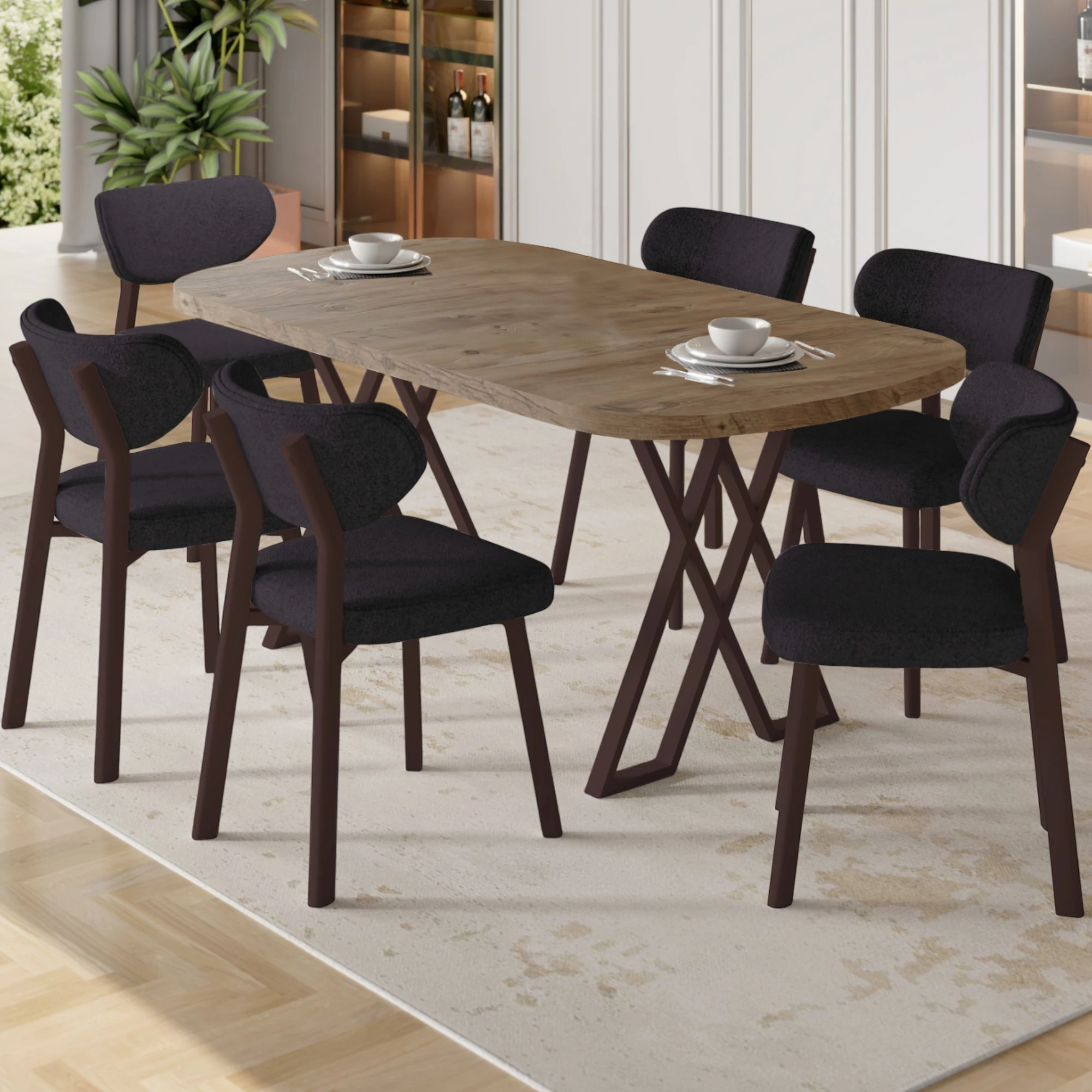 Axton Serisi Sabit Mdf 90x168 Atlantik Çam Mutfak Masa Takımı 6 Sandalye