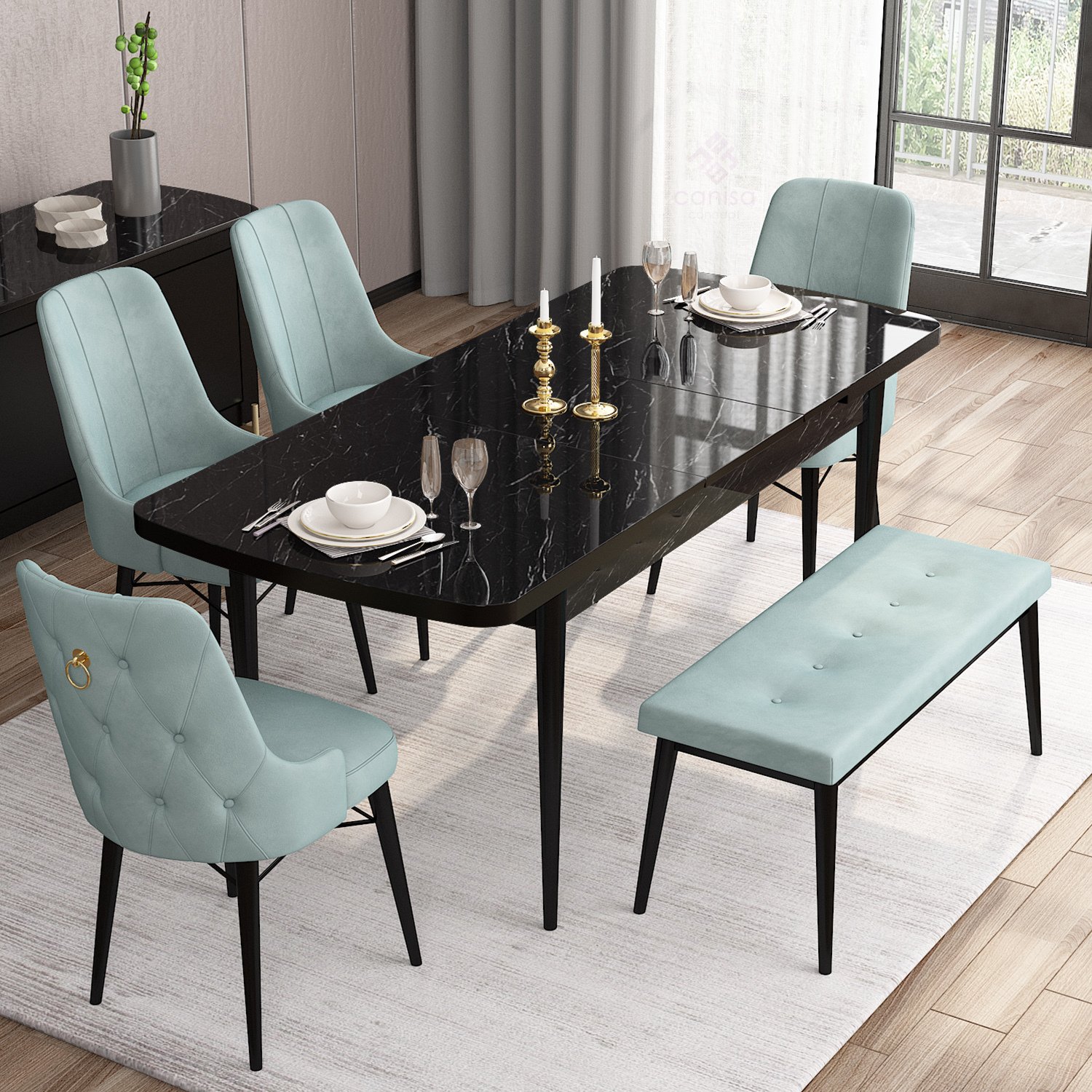Are Serisi 80x132 Mdf Açılabilir Gold Halka Siyah Mermer Desen Masa Takımı 4 Sandalye Ve 1 Bench