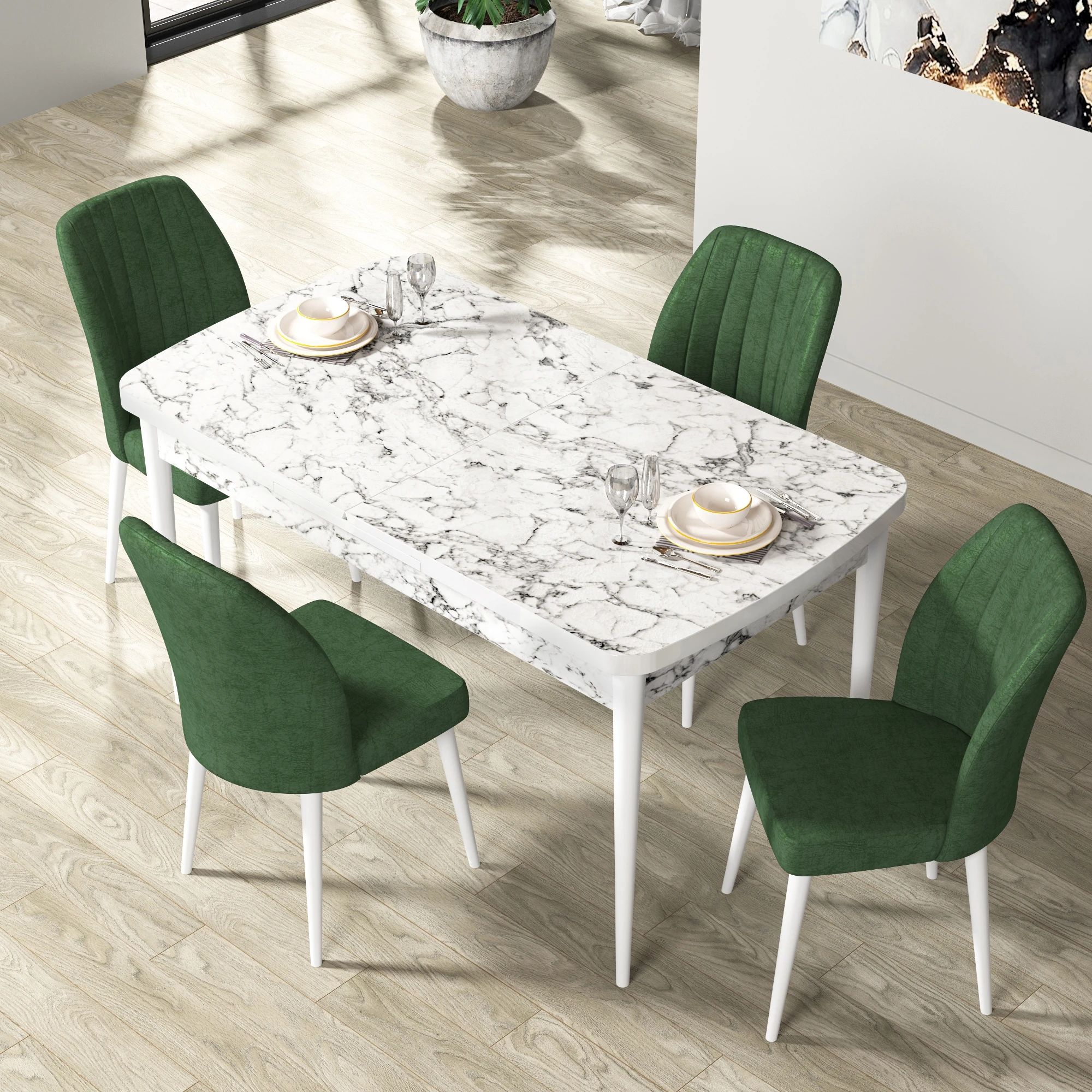masa beyaz mermer sandalye haki yeşili