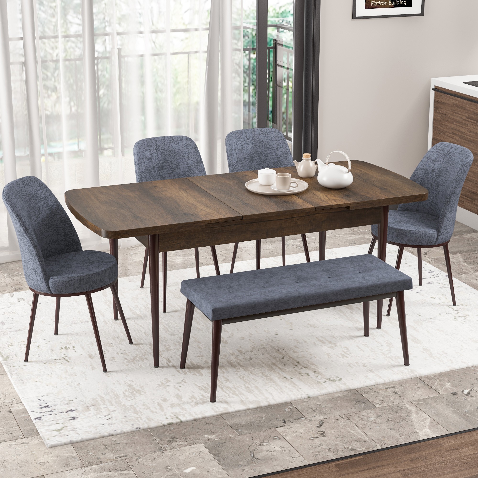 Via Serisi 80x132 Açılabilir Barok Ahşap Desen Masa Takımı 4 Sandalye ve Pera Bench
