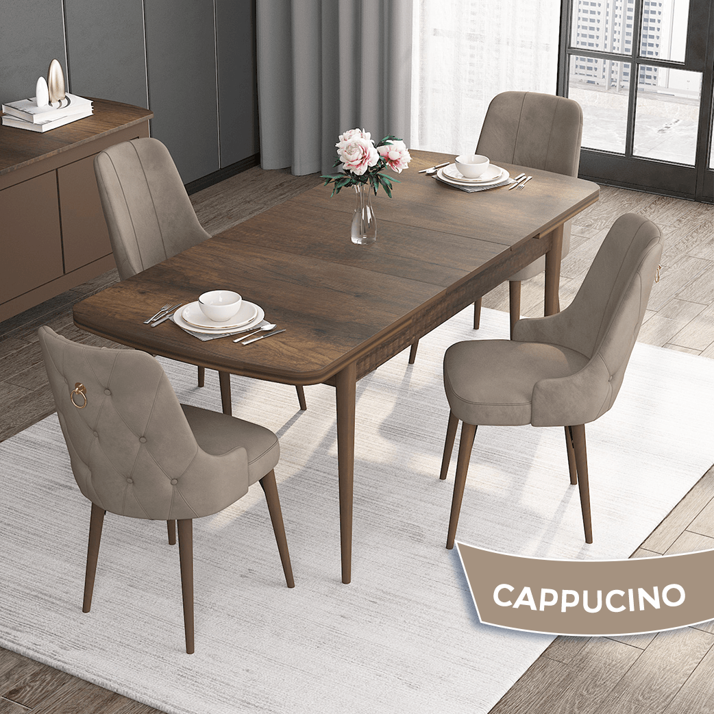 Noa Serisi 80x132 Mdf Açılabilir Gold Halka Barok Ahşap Desen Masa Takımı Ve 4 Sandalye