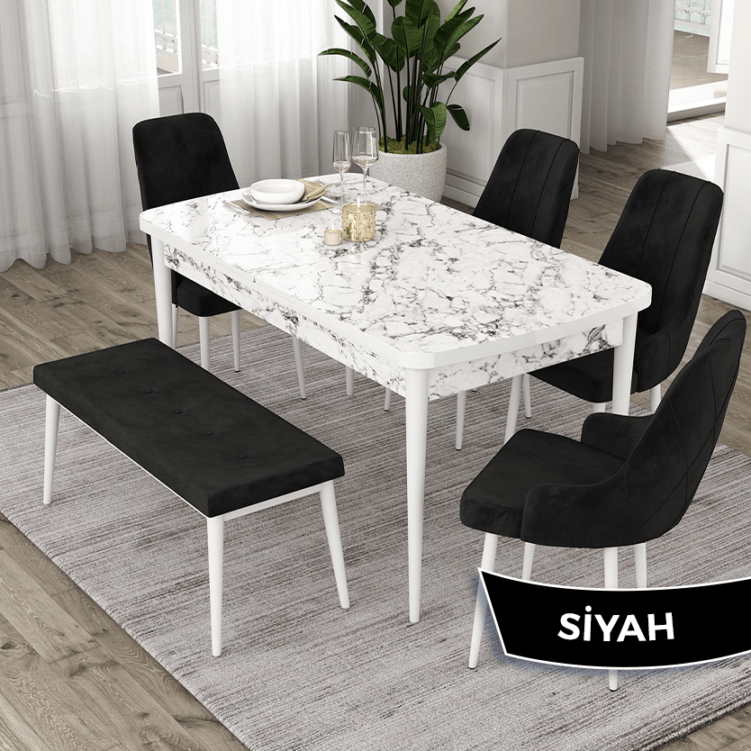 masa beyaz mermer desen sandalye siyah