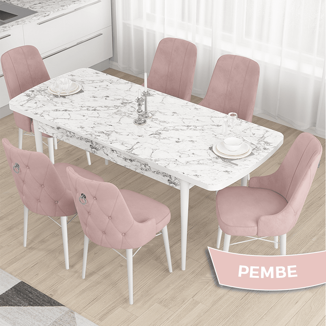 Pembe Sandalye beyaz Mermer Desen Masaa