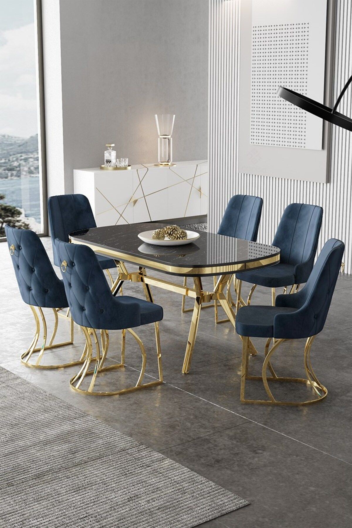 Epal Serisi 90x168 Lak Panel Sonata Masa ve 6 Sandalye Gold Kaplama Ayak
