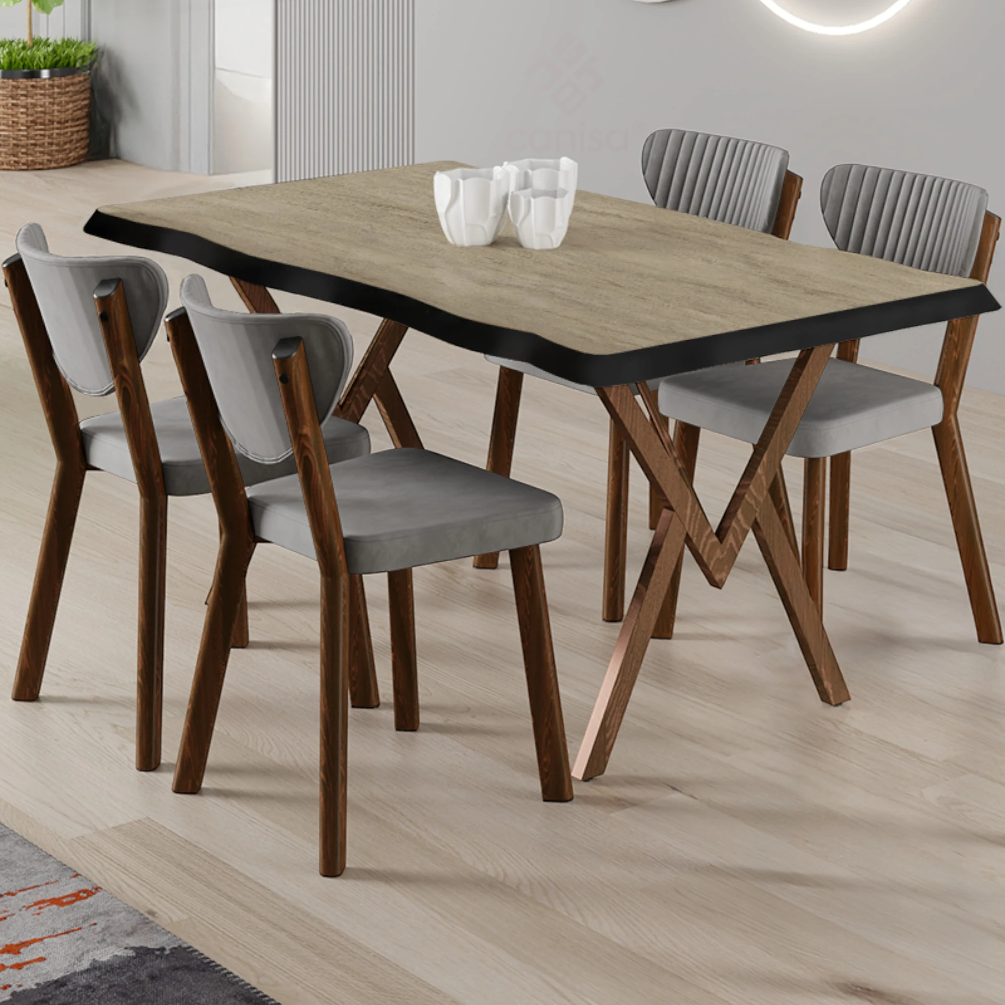 Akort Serisi MDF Sabit 80x130 Traverten Mutfak Masa Takımı 4 Siyah Sandalye