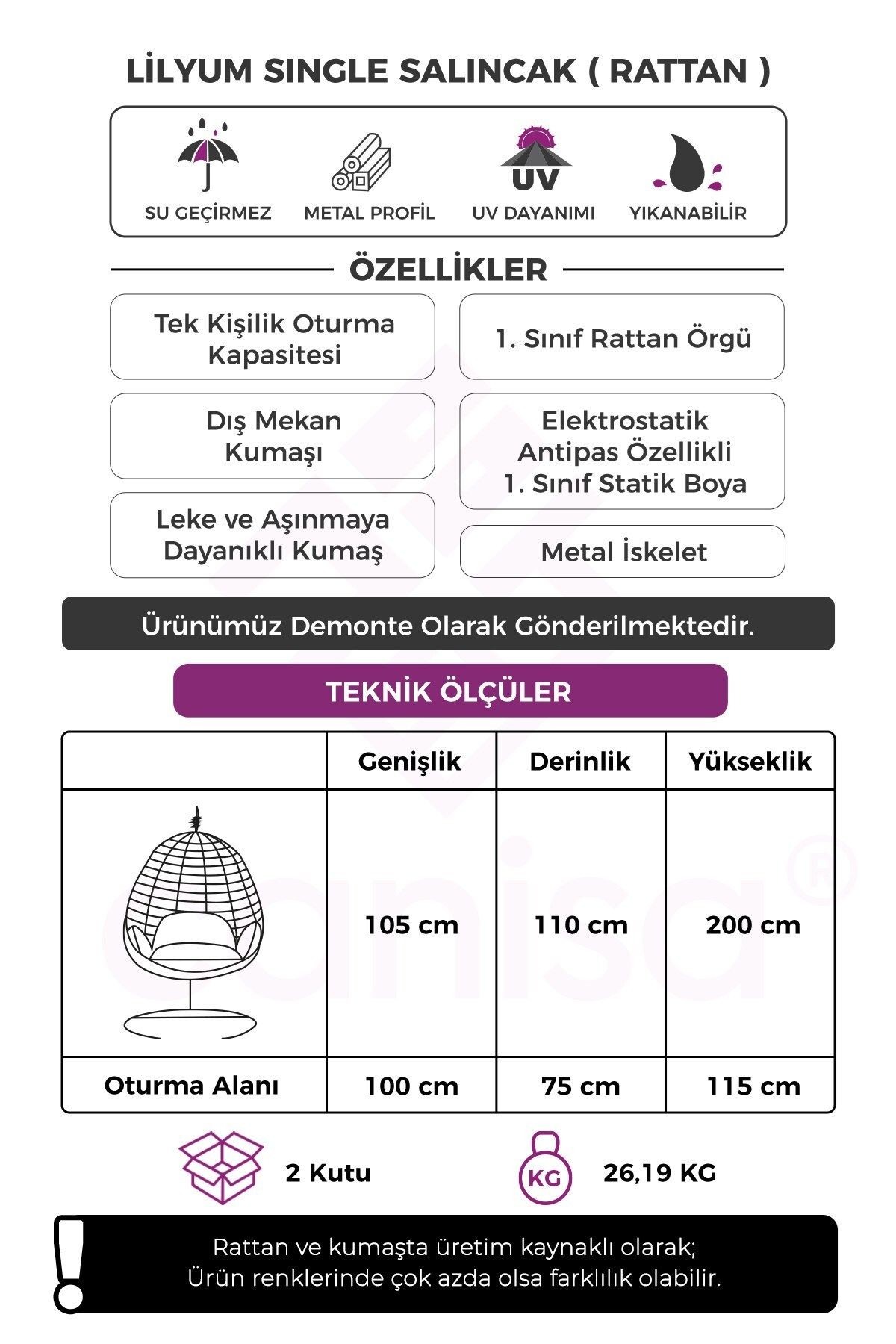 Lilyum Serisi Tekli Kahverengi Rattan Örgü Antrasit Minder Salıncak