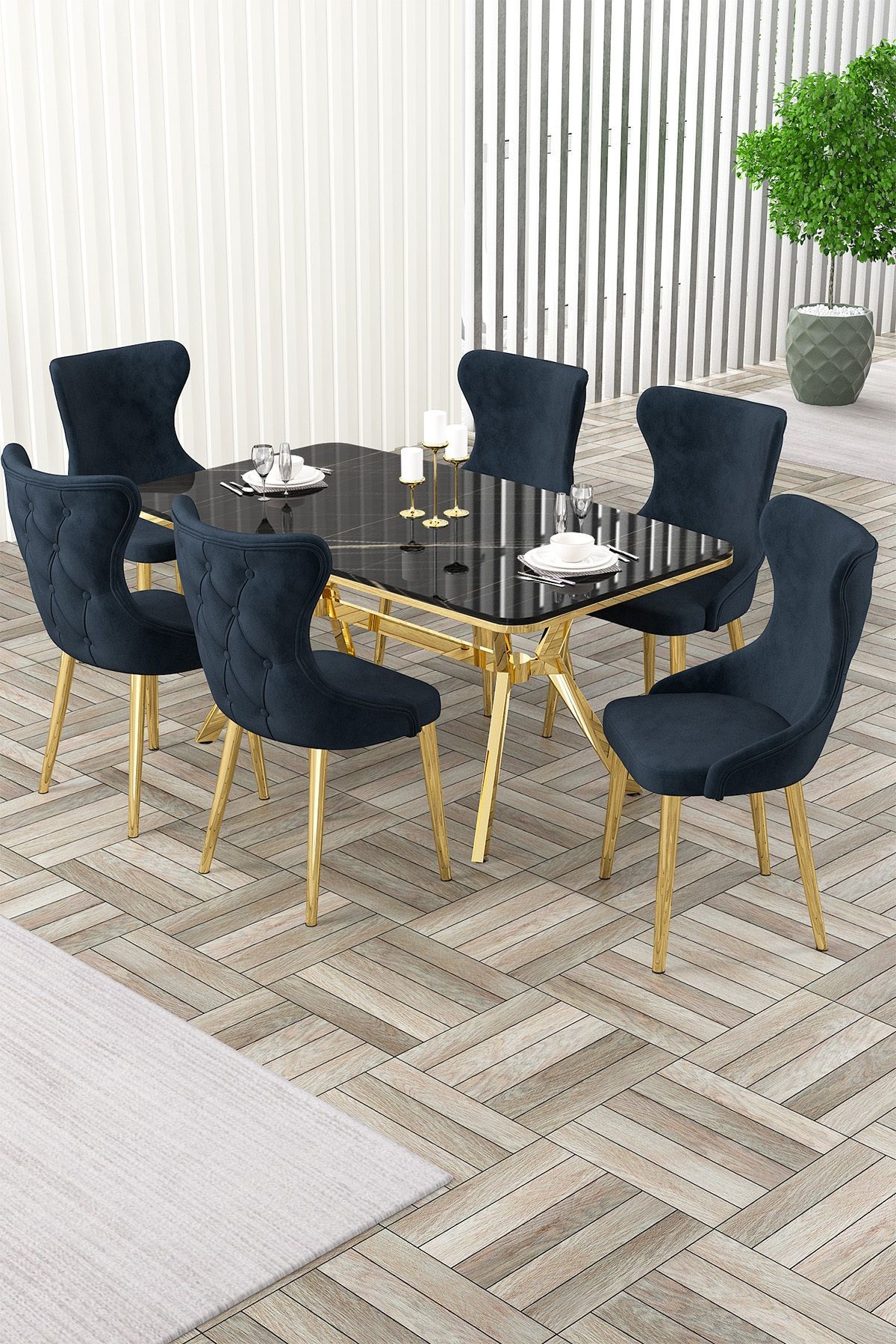 Esla Serisi 90x160 Lak Panel Sonata Masa ve 6 Sandalye Gold Kaplama Ayak