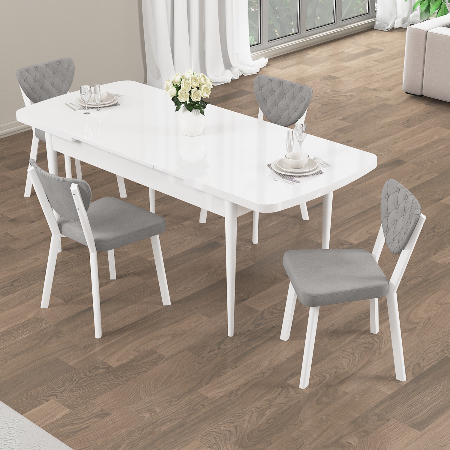 Rim Serisi 80x132 Açılabilir Beyaz Mutfak Masası Takımı Ve 4 Sandalye