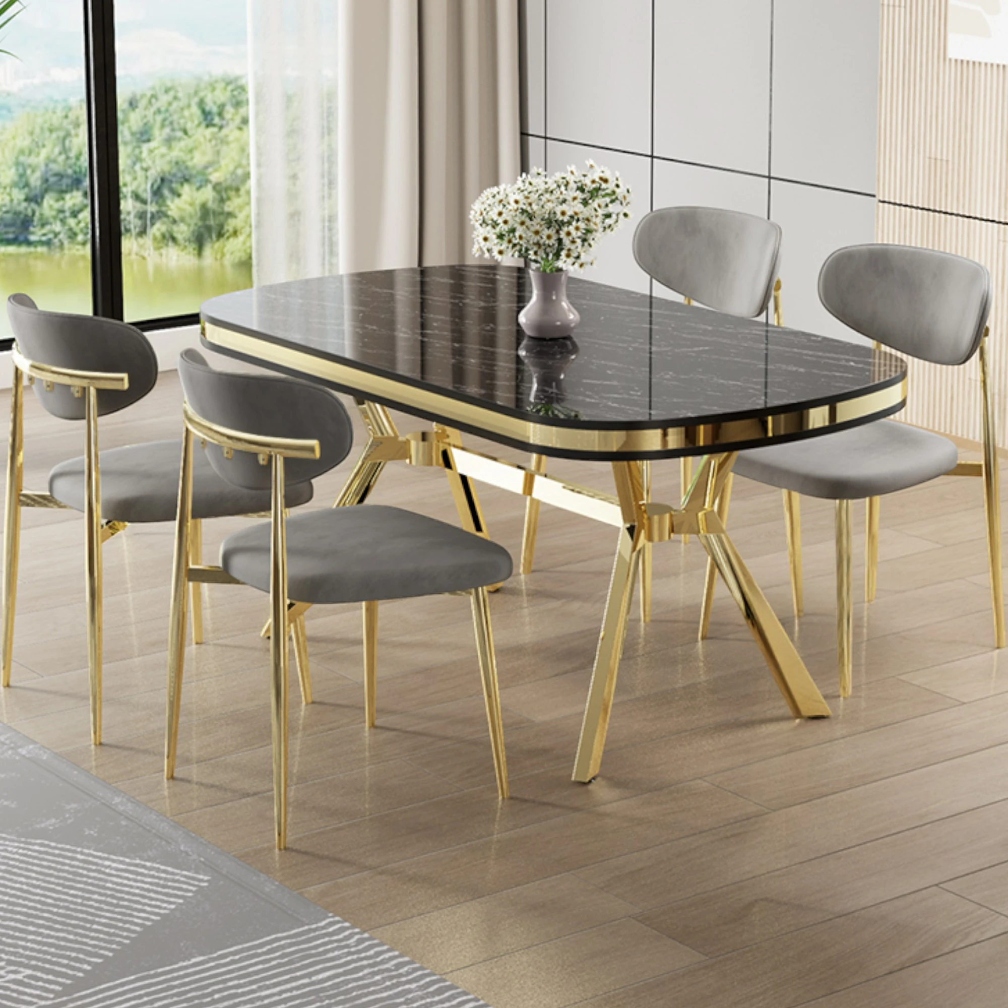 Sonata Masa Gri Sandalye Ayaklar Gold