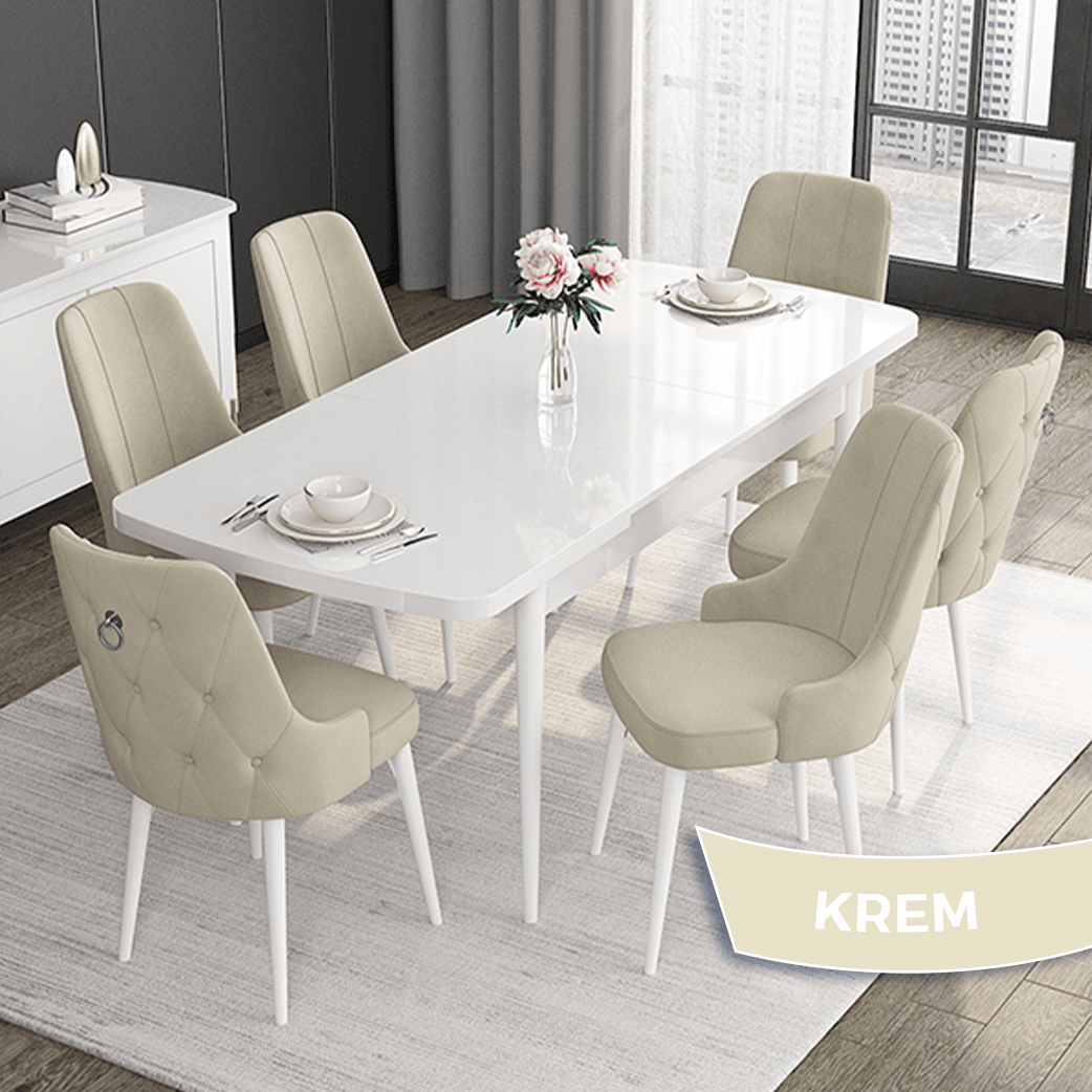 Noa Serisi 80x132 Mdf Açılabilir Gümüş Halka Beyaz Masa Takımı Ve 6 Sandalye