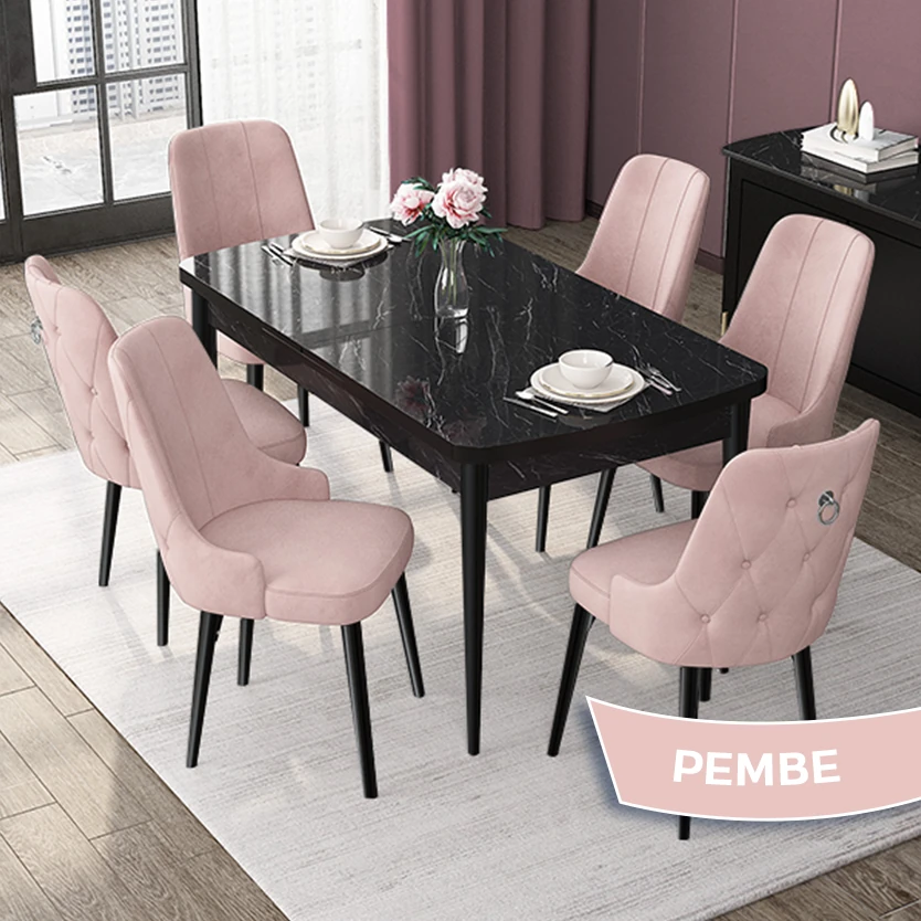 Pembe Sandalye Siyah Mermer Desen Masa