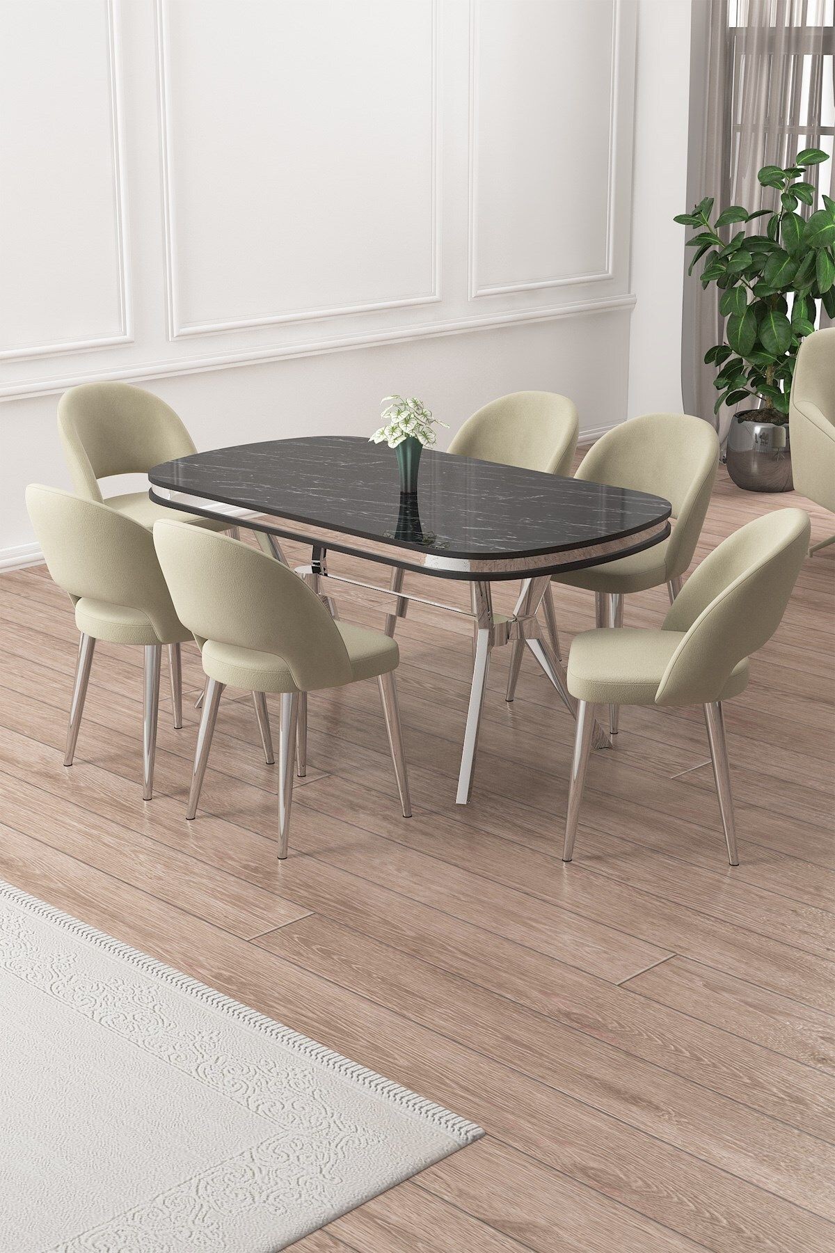 Jita Serisi 90x168 Lak Panel Sonata Masa ve 6 Sandalye Krom Kaplama Ayak