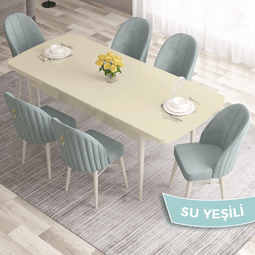 Roz Serisi 80x132 Mdf Açılabilir Gold Halka Krem Masa Takımı Ve 6 Sandalye