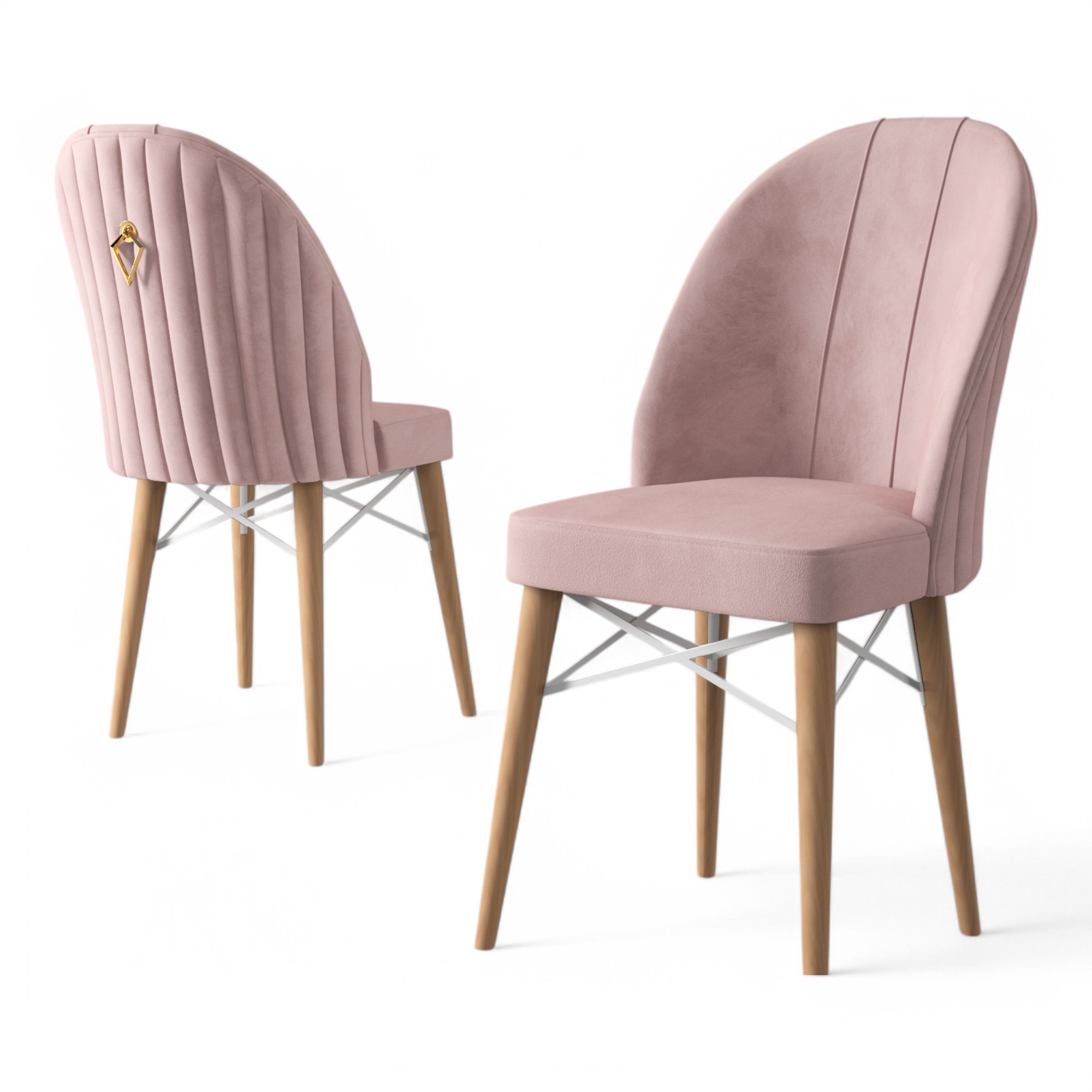 Pembe Renk Sandalye / Doğal Ahşap Ayak