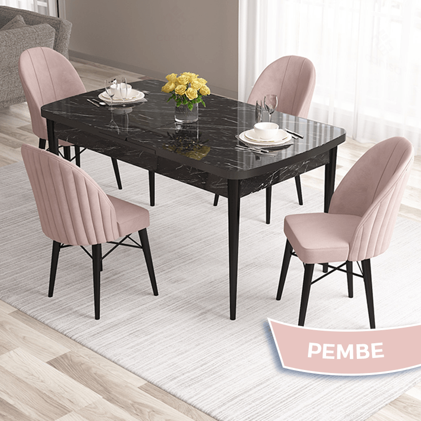Sandalye Pembe Siyah Mermer Desen Masa