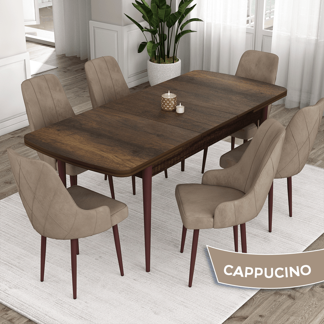 Ram Serisi 80x132 Açılabilir Barok Ahşap Desen Masa Takımı ve 6 Sandalye