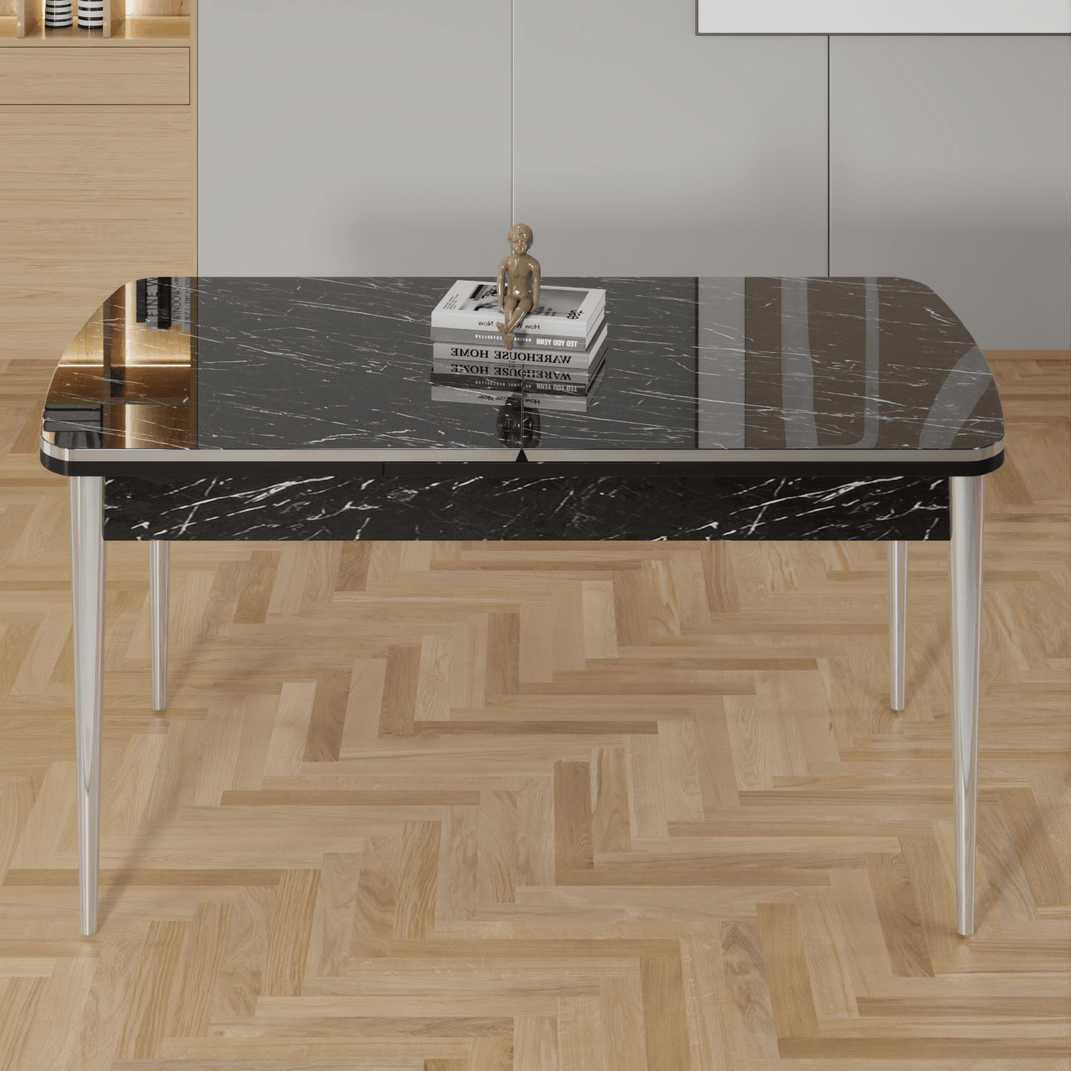 Rada Serisi 80x132 Açılabilir Lak Panel Siyah Mermer Desen Masa 4 Sandalye Krom Detay