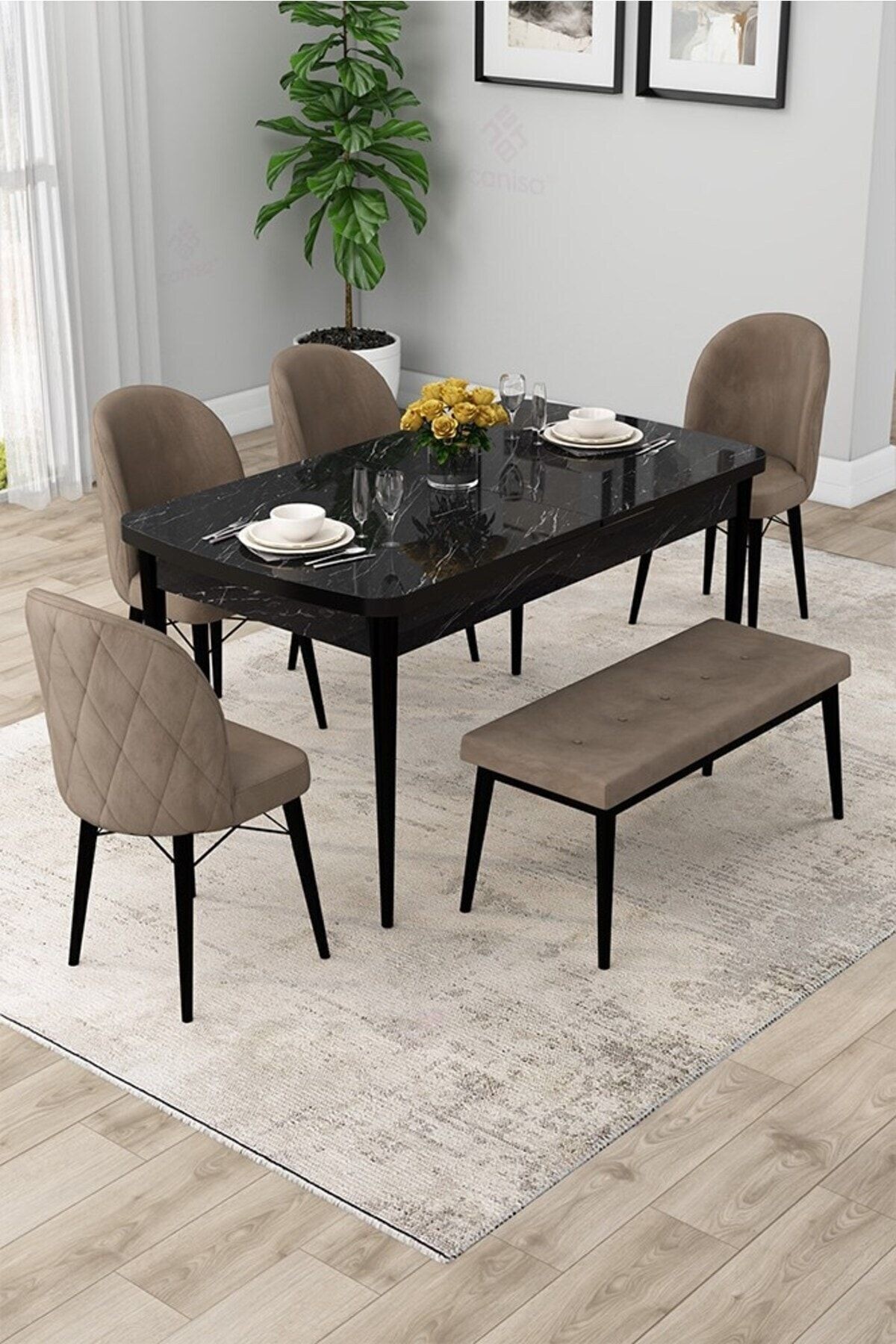 Rut Serisi 80x132 Açılabilir Siyah Mermer Desen Masa Takımı 4 Sandalye Ve 1 Bench