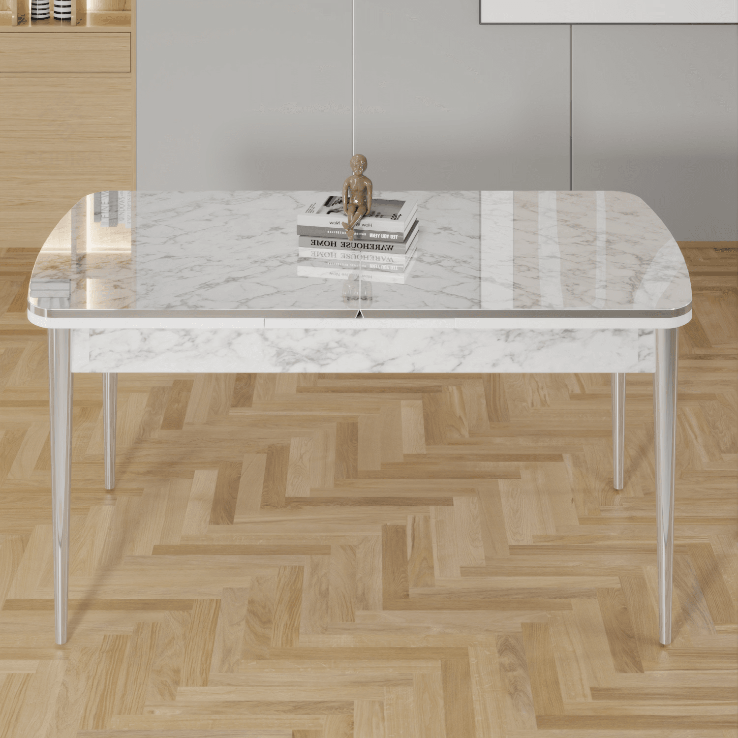 Rada Serisi 80x132 Açılabilir Lak Panel Beyaz Mermer Desen Masa 4 Sandalye Krom Detay