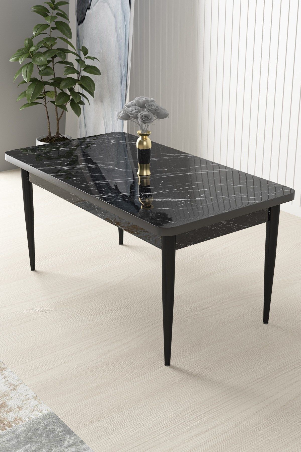 Nil Serisi Siyah Mermer Desen 70x110 Sabit Yemek Masası Metal Ayak