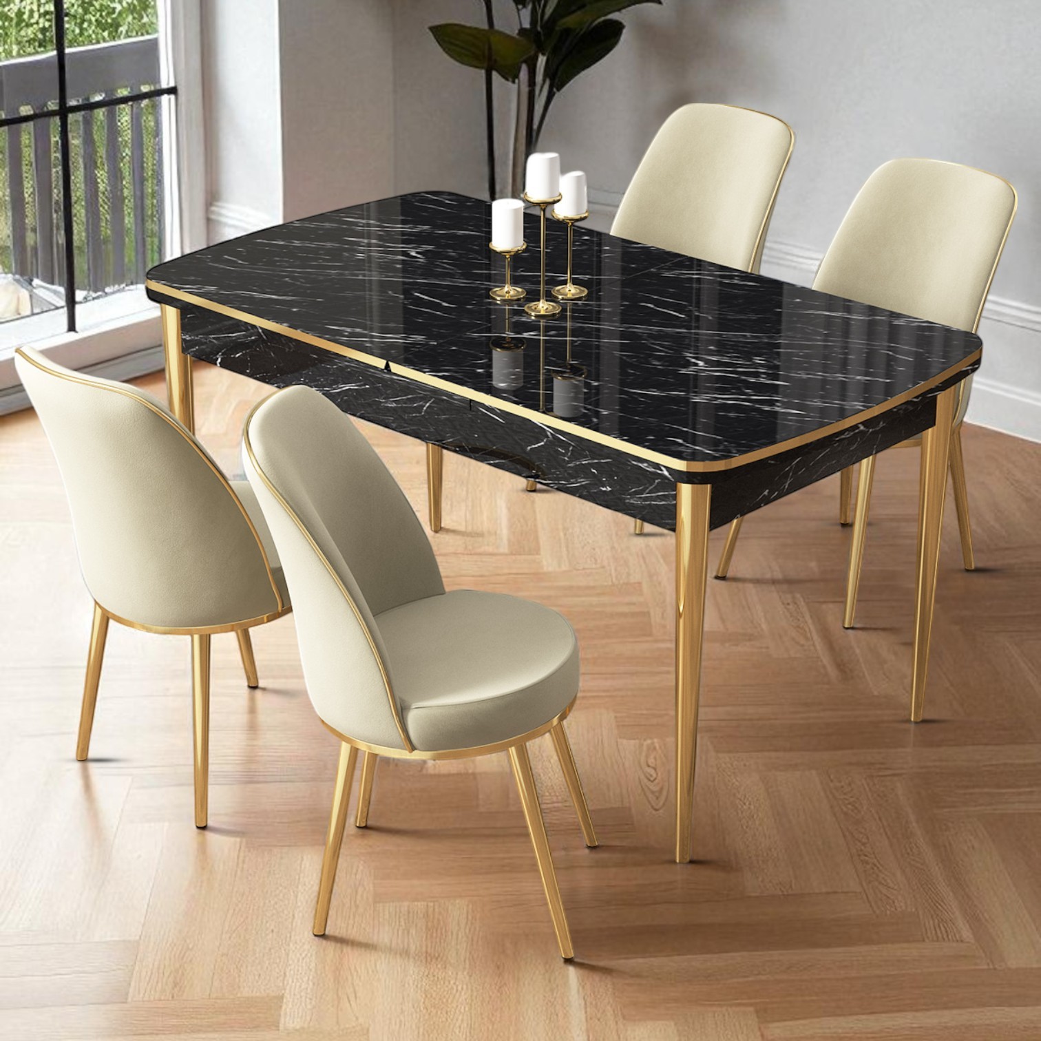 Siyah Mermer Desen Masa Krem Sandalye Gold Detay