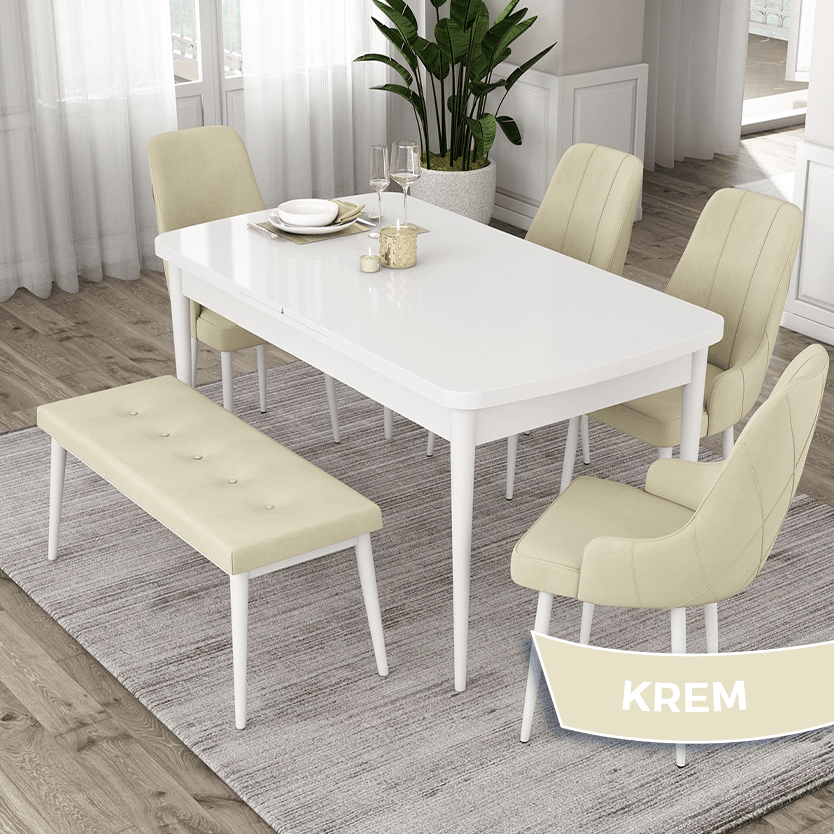 Eta Serisi 80x132 Açılabilir Beyaz Masa Takımı 4 Sandalye Ve 1 Bench