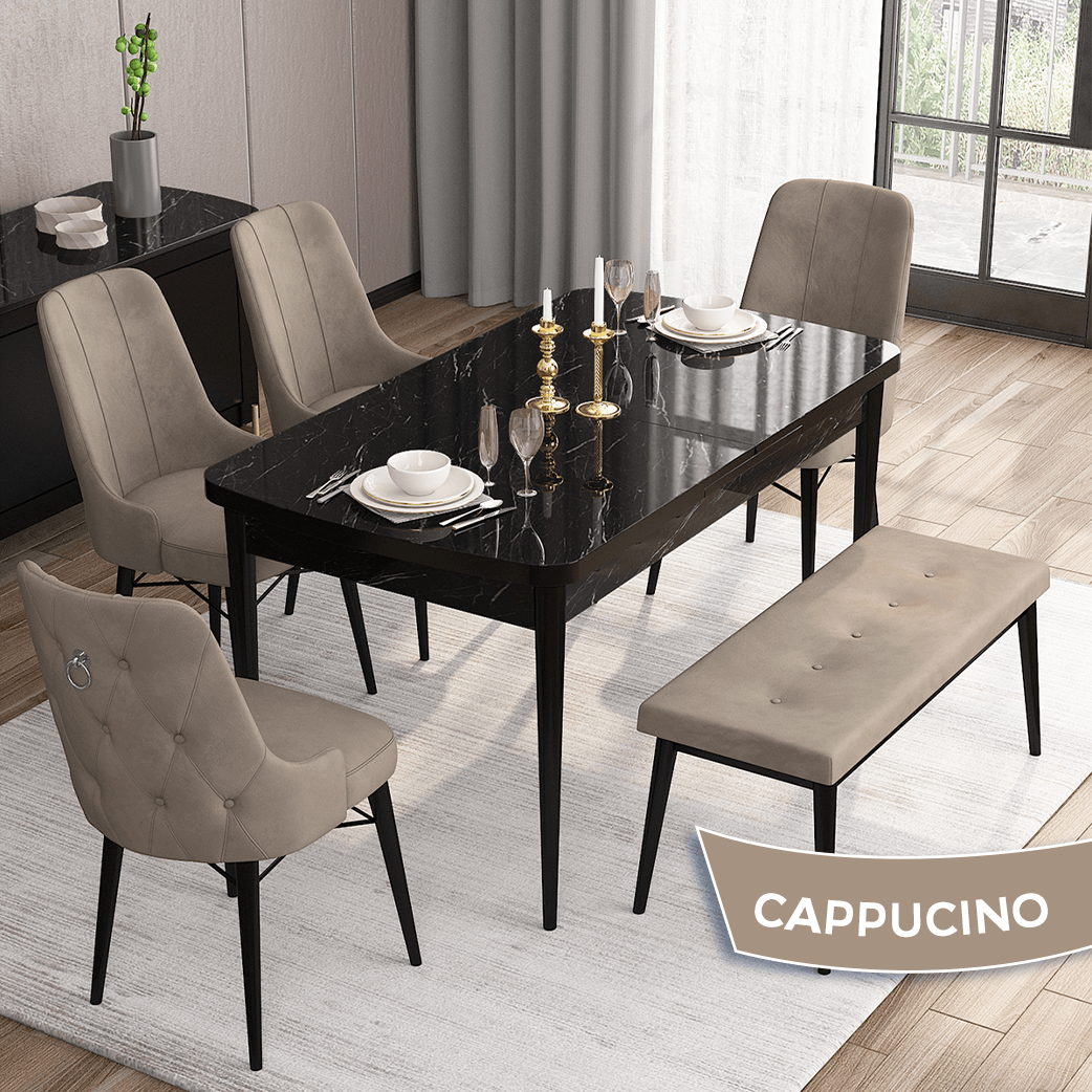 Cappucino Sandalye Siyah Mermer Desen Masa