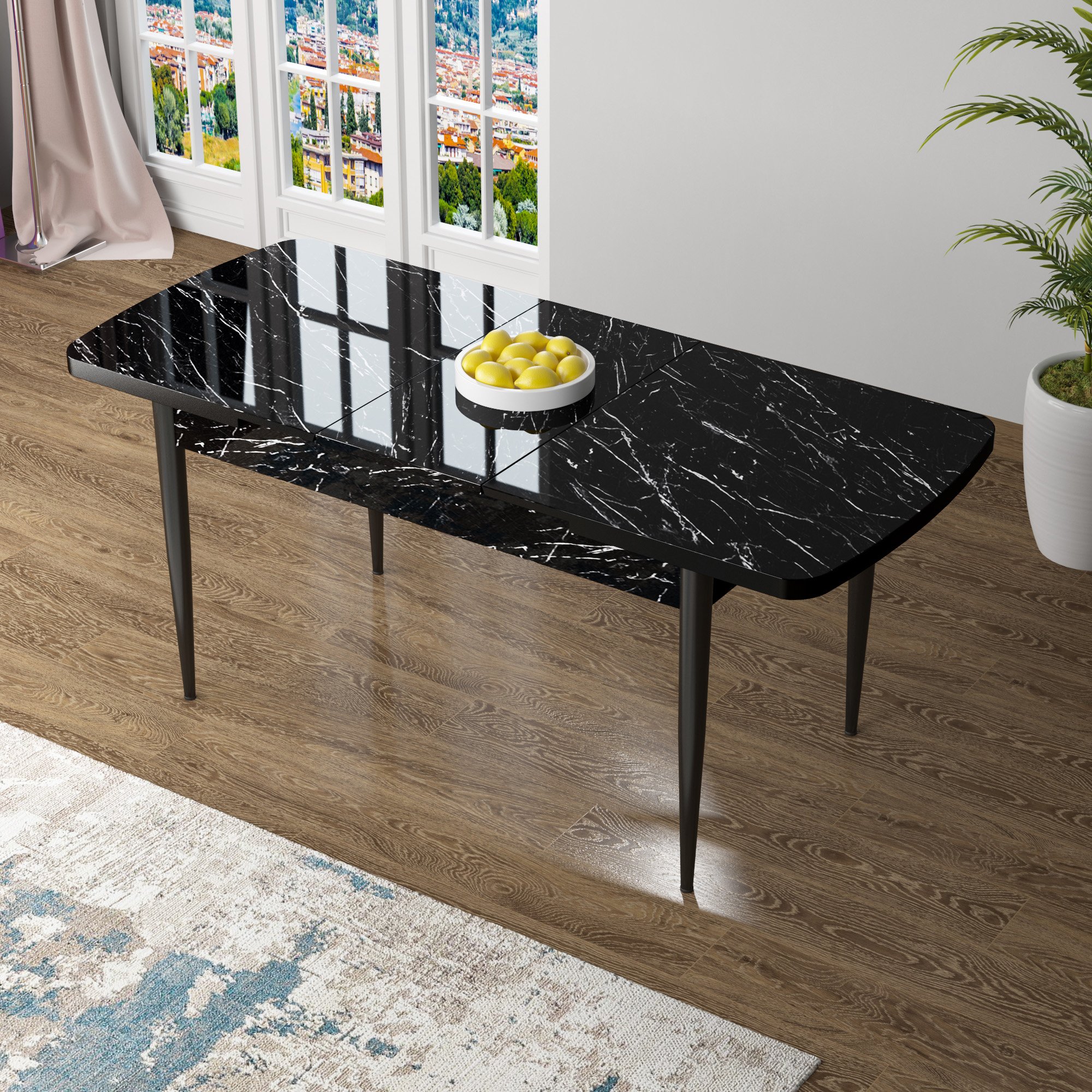 Zen Serisi 80x132 Mdf Açılabilir Siyah Mermer Desen Masa Takımı Ve 6 Sandalye