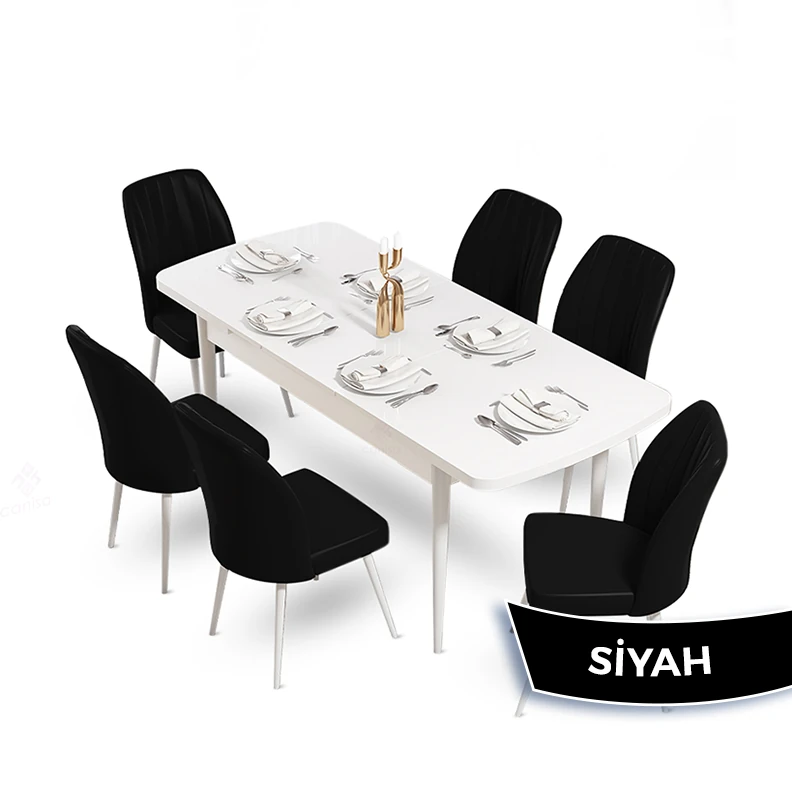 Mun Serisi 80x132 Açılabilir Mdf Beyaz Masa Takımı Ve 6 Sandalye