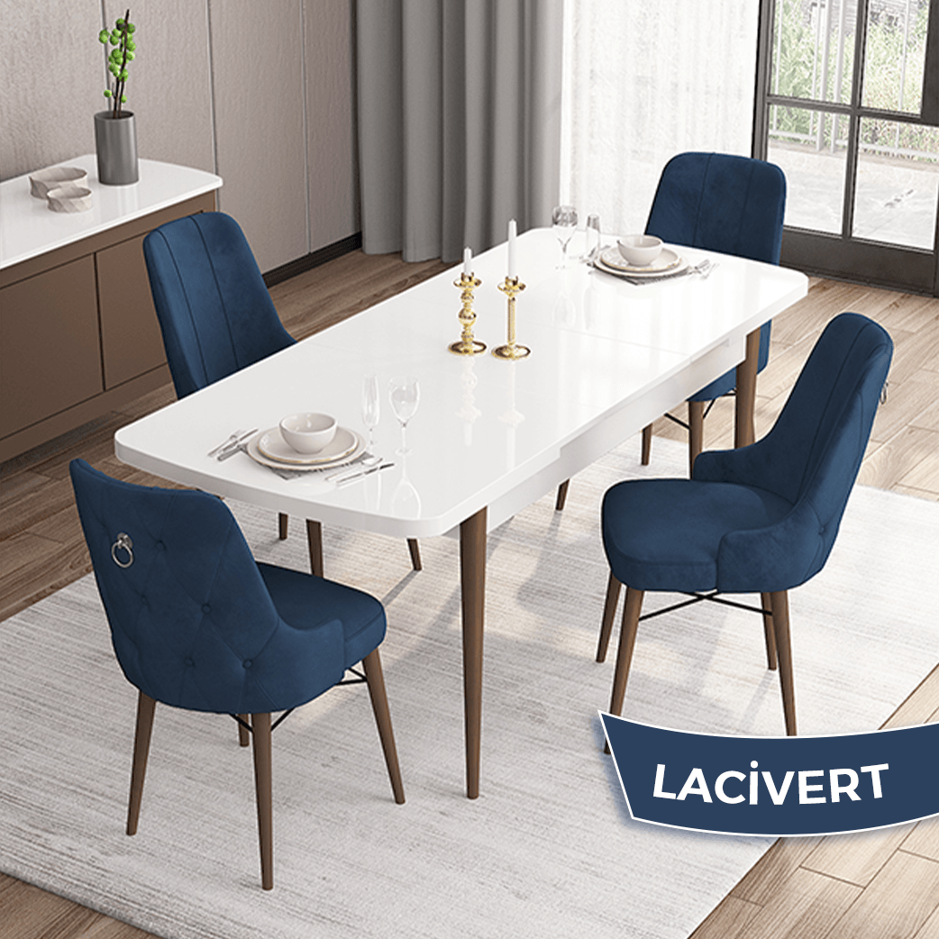 beyaz masa cevi̇z ayak laci̇vert sandalye