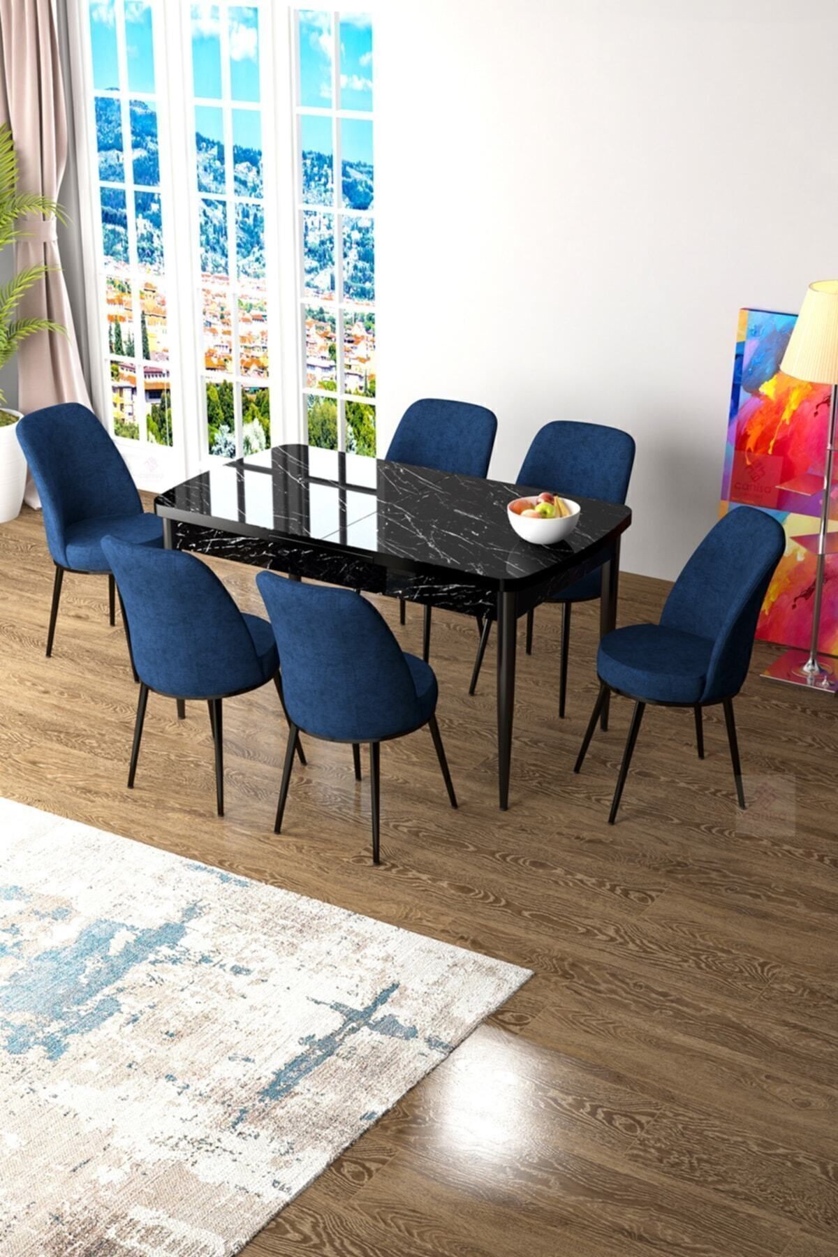 Zen Serisi 80x132 Mdf Açılabilir Siyah Mermer Desen Masa Takımı Ve 6 Sandalye
